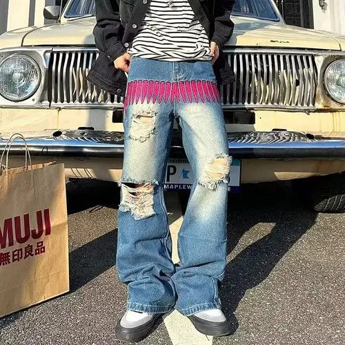 Bullet Graphic Distressed Blue Stacked Denim Jeans
