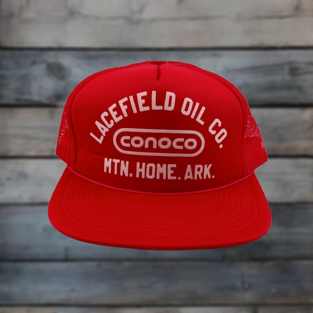 GAS VINTAGE Red CONOCO GAS STATION OIL ADVERTISING SNAPBACK Lacefield Oil Co. Hat Men Adjustable Red Advertising Hat Mens Size ONE SIZE - 1 Thumbnail
