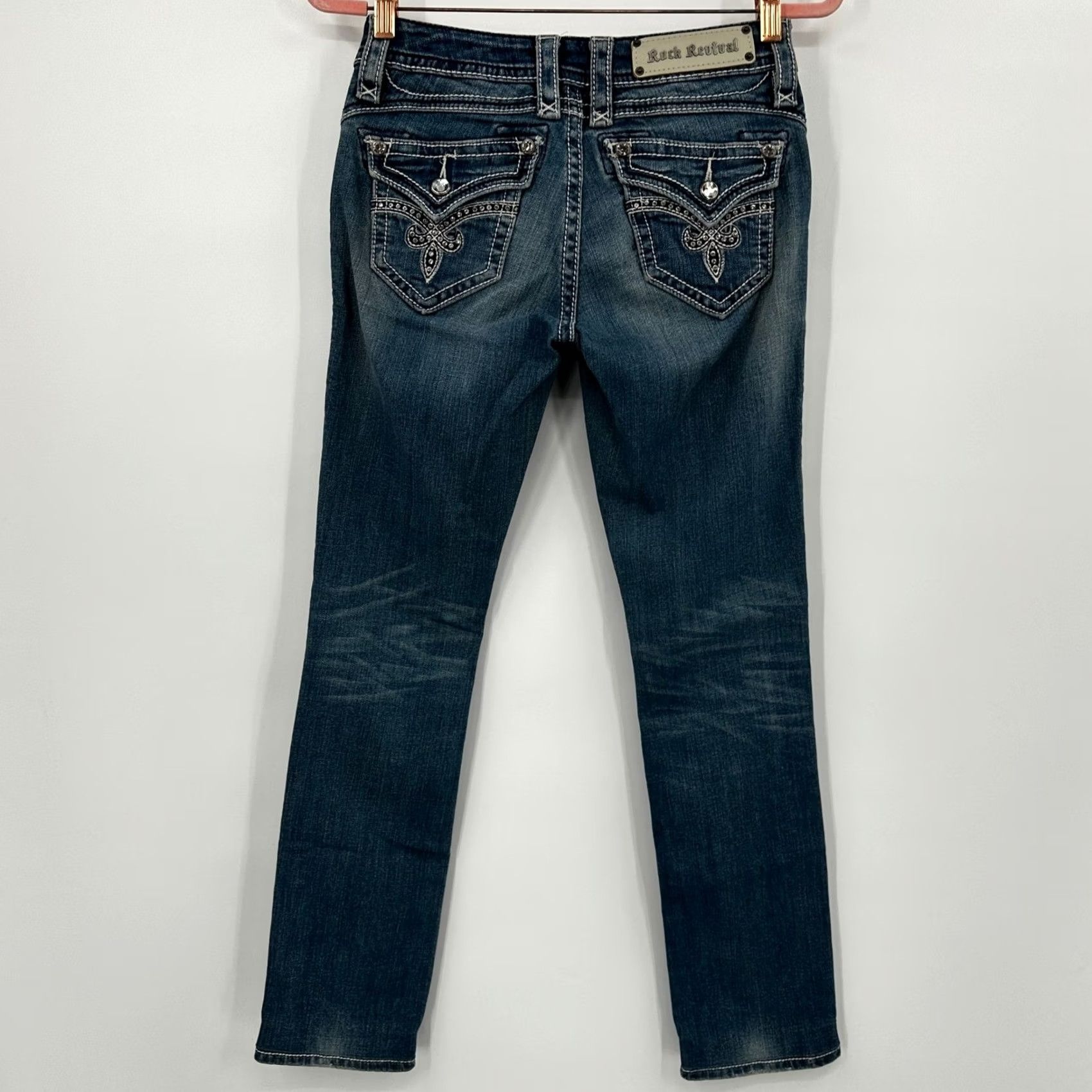 Vintage Rock Revival Jasmine Easy Straight Jeans Size 24 Medium Wash Buckle Bling Y2K Womens jeans Size 42" / US 20 - 7 Thumbnail