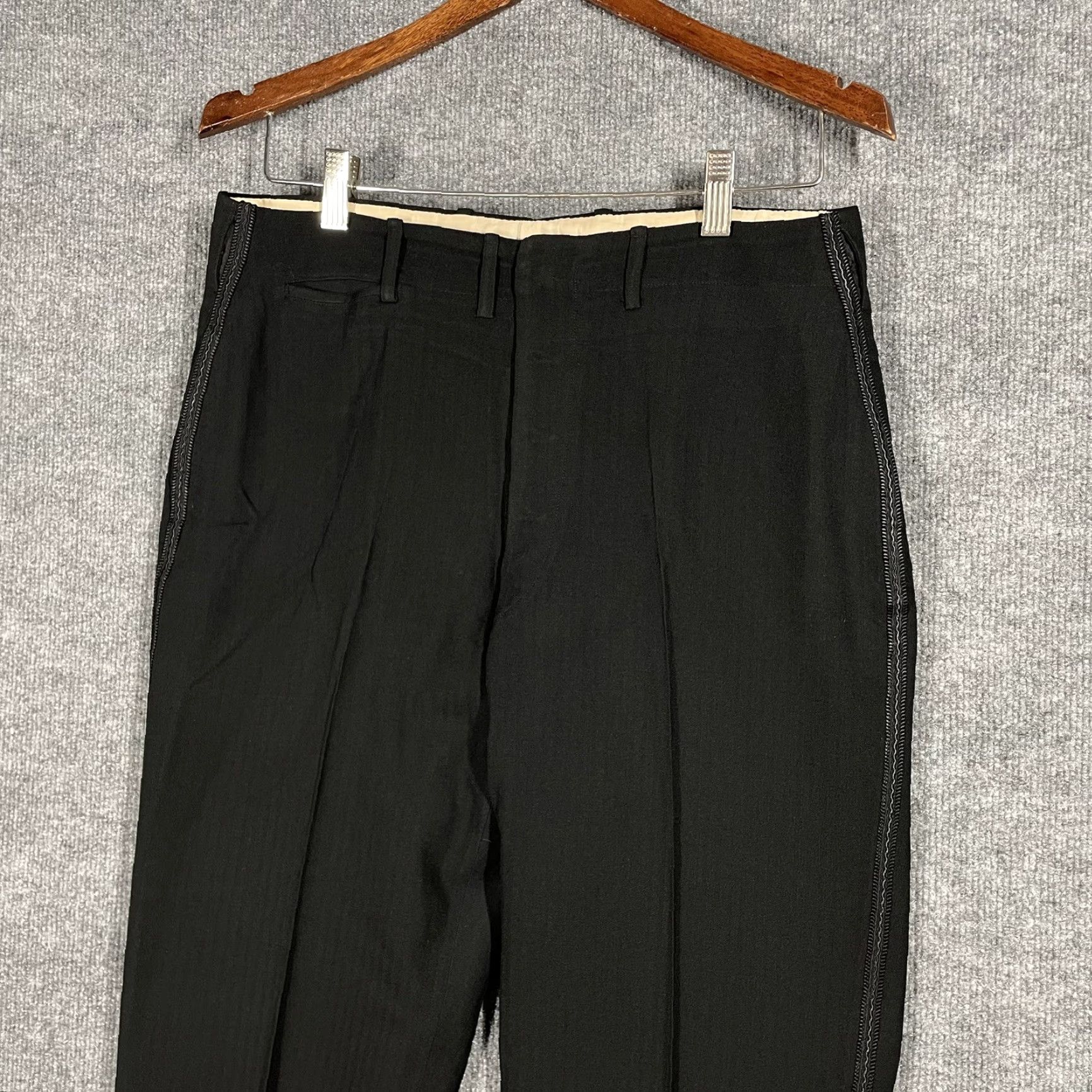 Vintage Bespoke 1920s Black Wool Tuxedo Trousers Sz 31x31 Vtg Peg/Tapered Button Fly Edwardian Look Art Deco Straight Leg Men’s Size US 31 - 2 Thumbnail