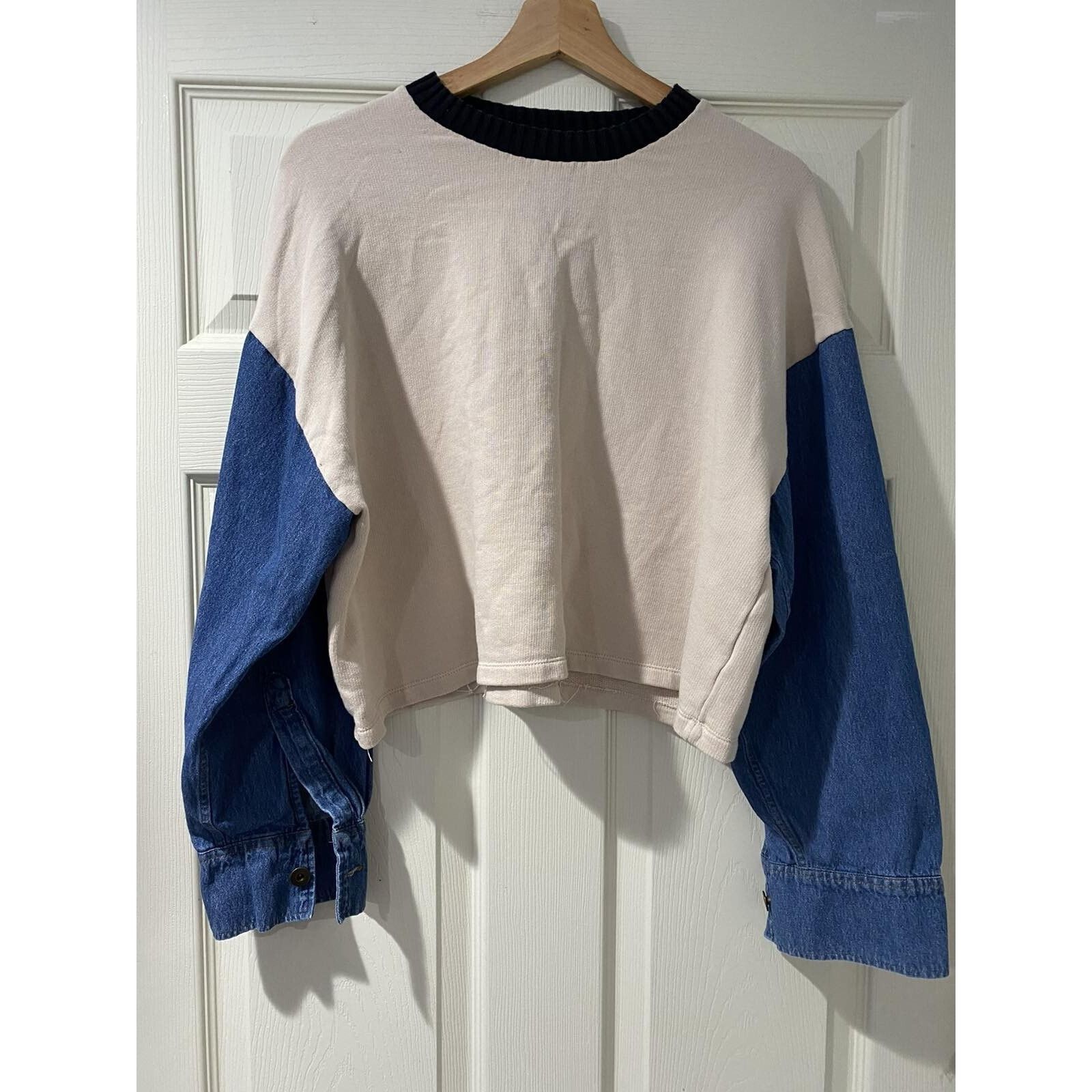 Zara ZARA Oversized Knit Puff Denim Sleeves Crew Neck S A001643 Size S / US 4 / IT 40 - 2 Thumbnail