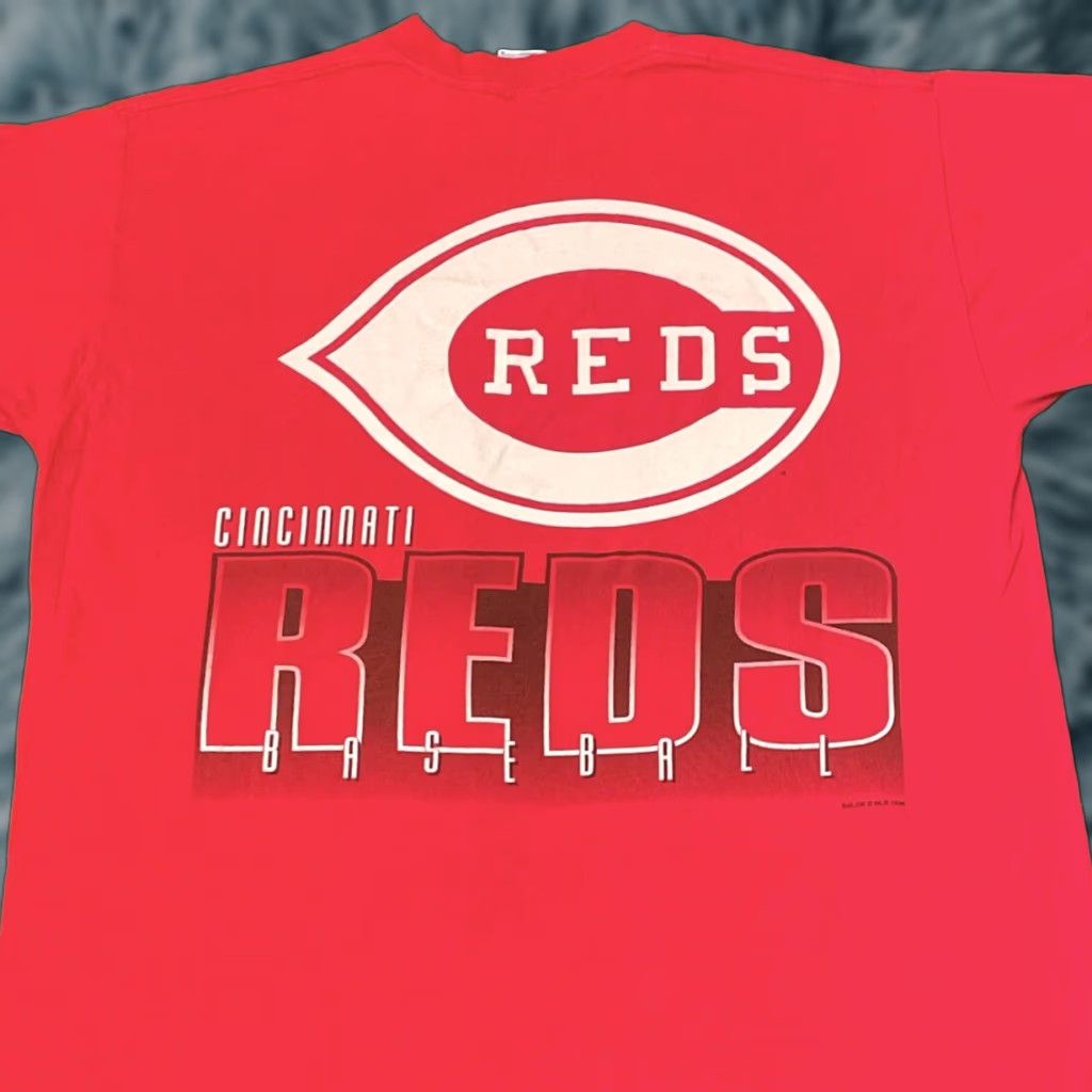 VINTAGE 90s Cincinnati Reds MLB Baseball Spell Out Logo 1996 Shirt Mens XL Red Sleeves Short Logo Salem Sportswear Mens XL