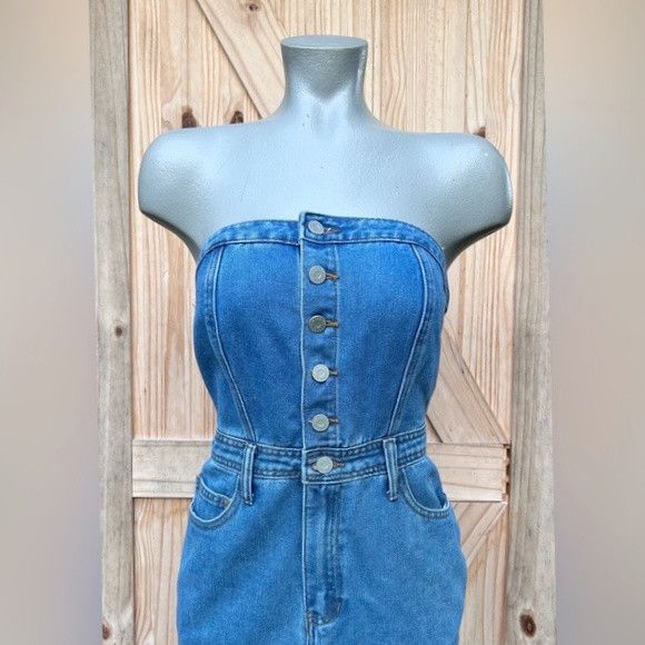 Other Sincerely Jules Blue Denim Strapless Raw Hem Midi Dress Size S / US 4 / IT 40 - 2 Thumbnail