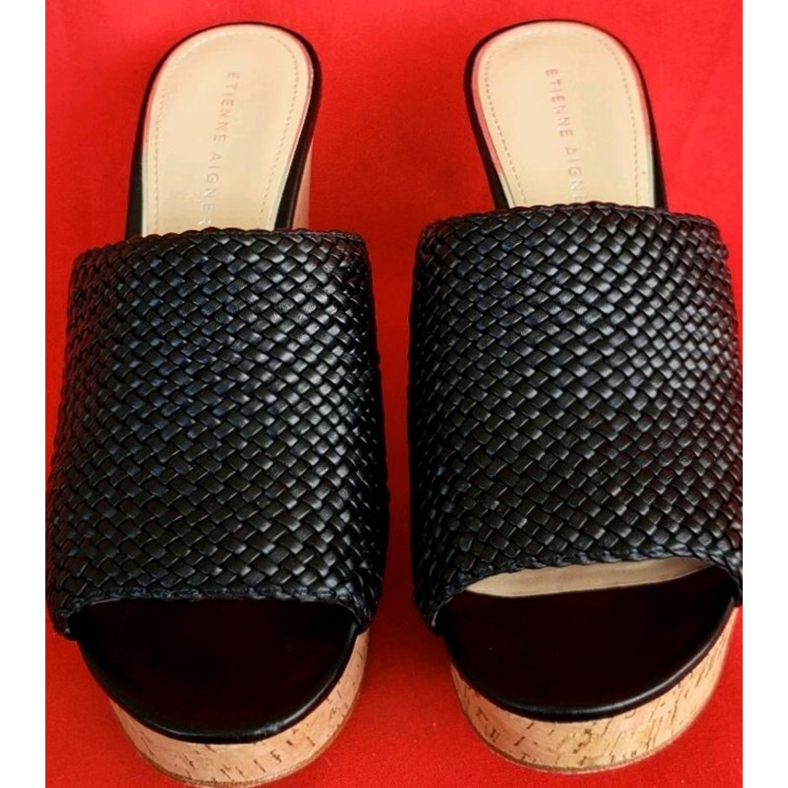 Etienne Aigner Etienne Aigner Women's Black Leather Slide Wedge Sandal 9.5M Woven Crossover Daiquiri Size US 10 / IT 40 - 3 Thumbnail