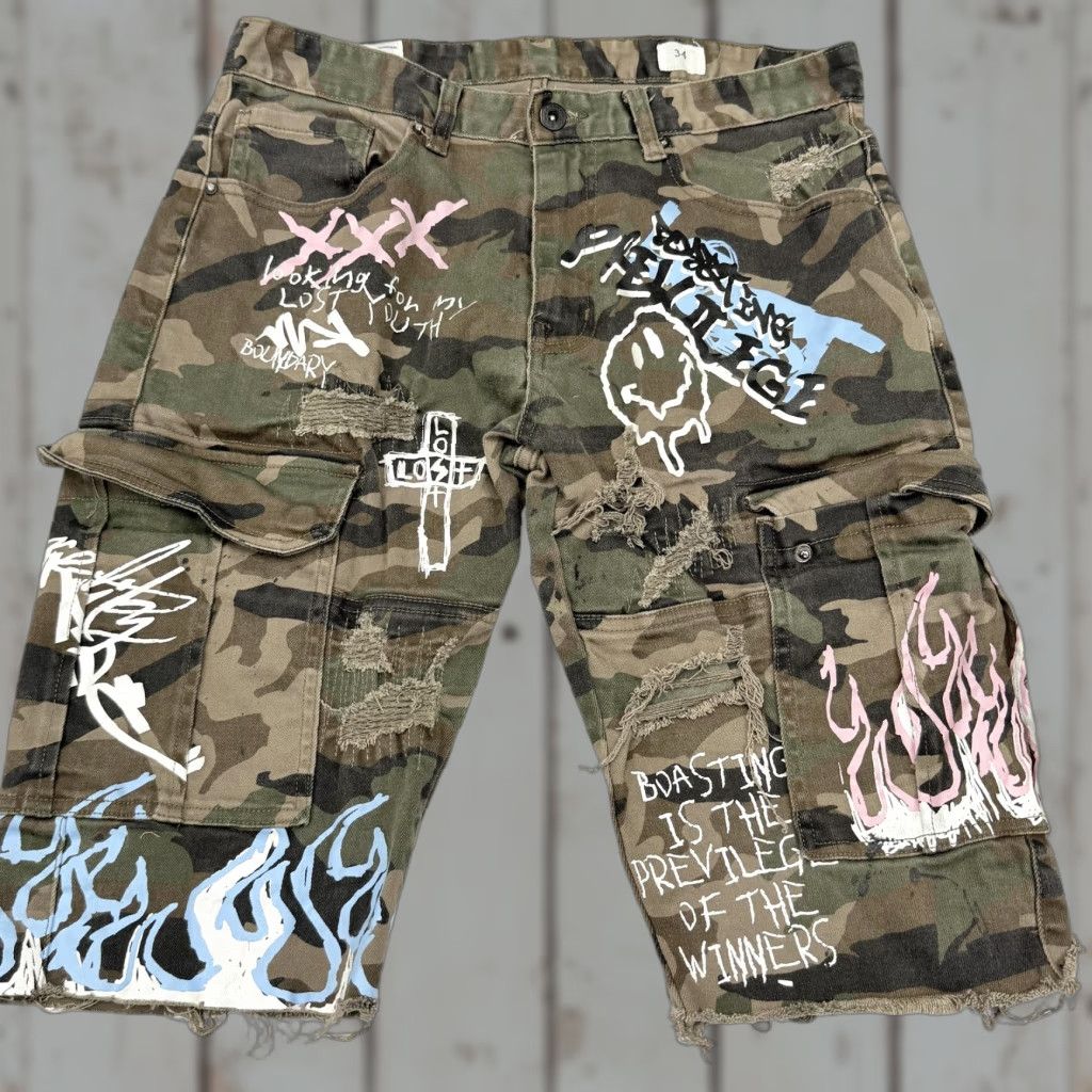 Denime Smoke Rise Cargo Shorts Mens 34 Green Camo Distressed Denim Streetwear Shorts Size US 34 / EU 50 - 1 Thumbnail