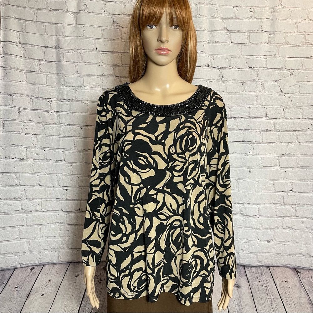 Other Susan Graver Floral Liquid Knit Embellished Neck Tunic Top Size L / US 10 / IT 46 - 1 Thumbnail