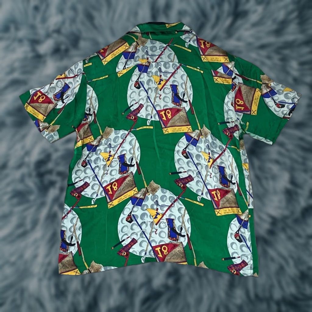 VINTAGE Nicole Miller Button-Up Shirt M 90s Multicolor Silk Jersey Short Sleeve Geometric Logo Pocket USA Collar Spread Men Regular Limited Edition