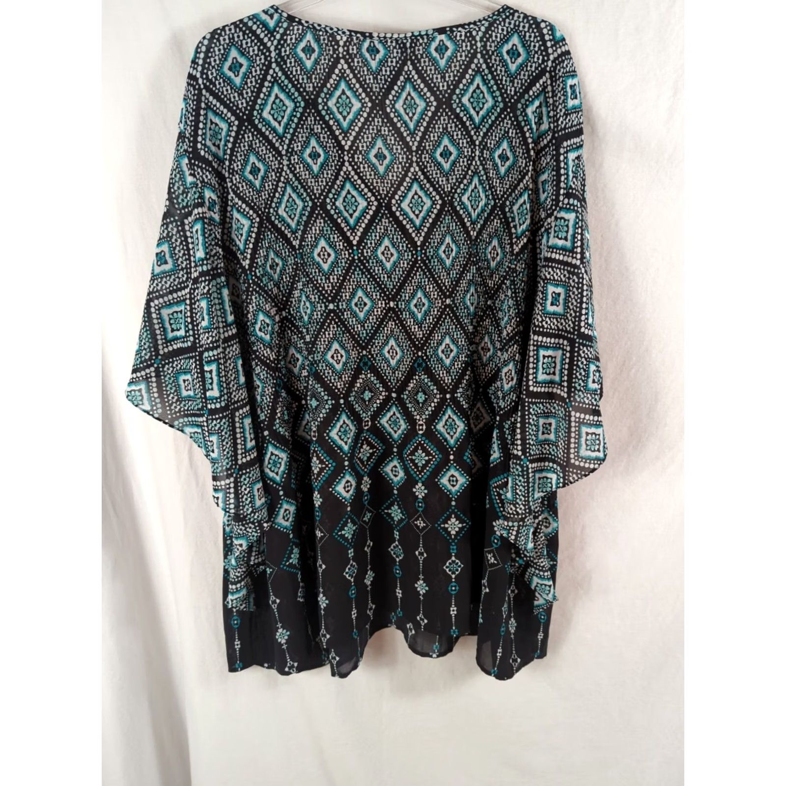 Vintage Catherines Blouse Blue Aqua V-Neck 3/4 Flutter Sleeve Pleated Bling 28W Plus Tunic Womens Size 4XL / US 24-26 - 7 Thumbnail