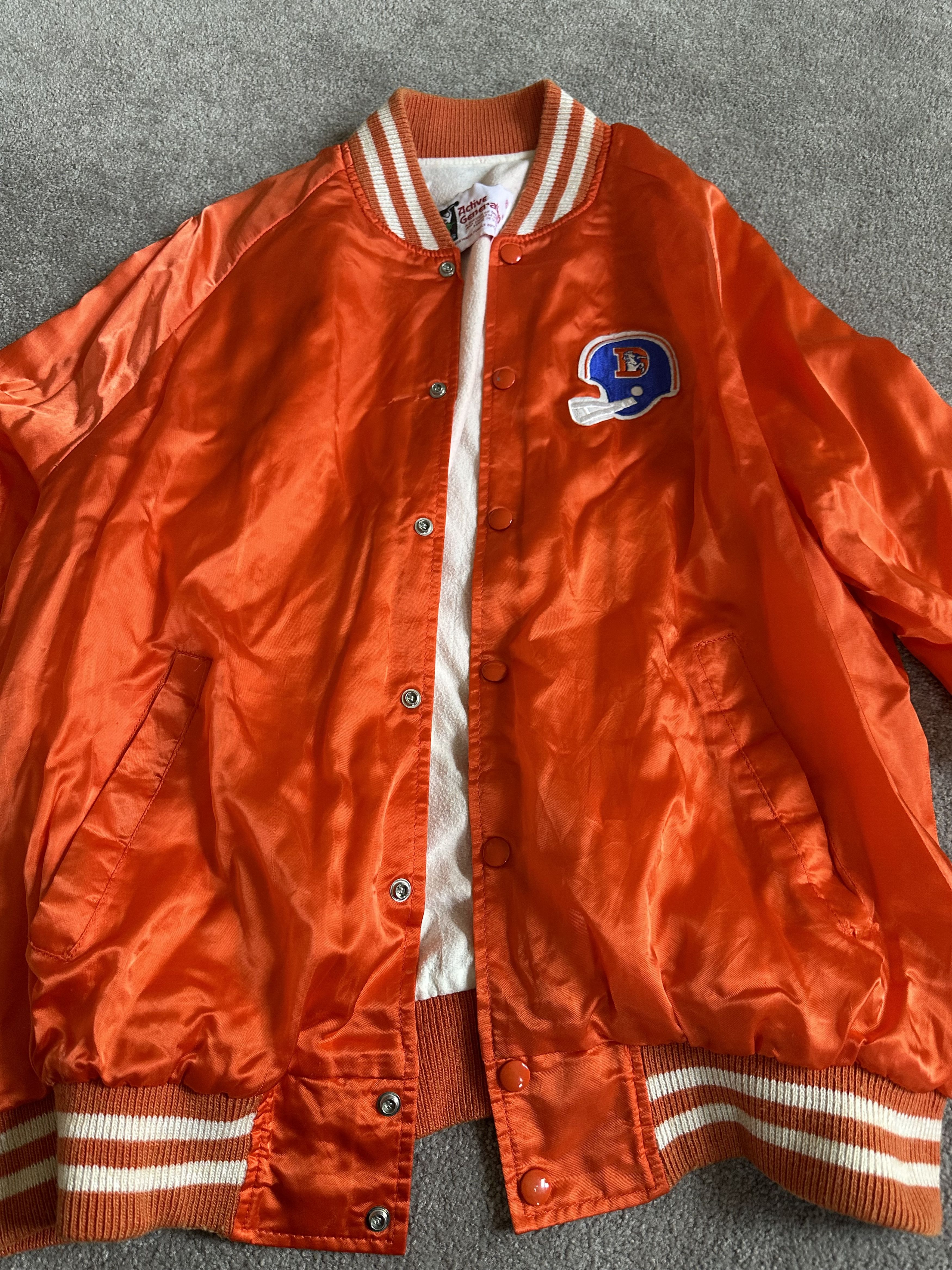 Image of Active Vintage Denver Broncos Letterman Button Down Jacket in Orange, Men's (Size XL)