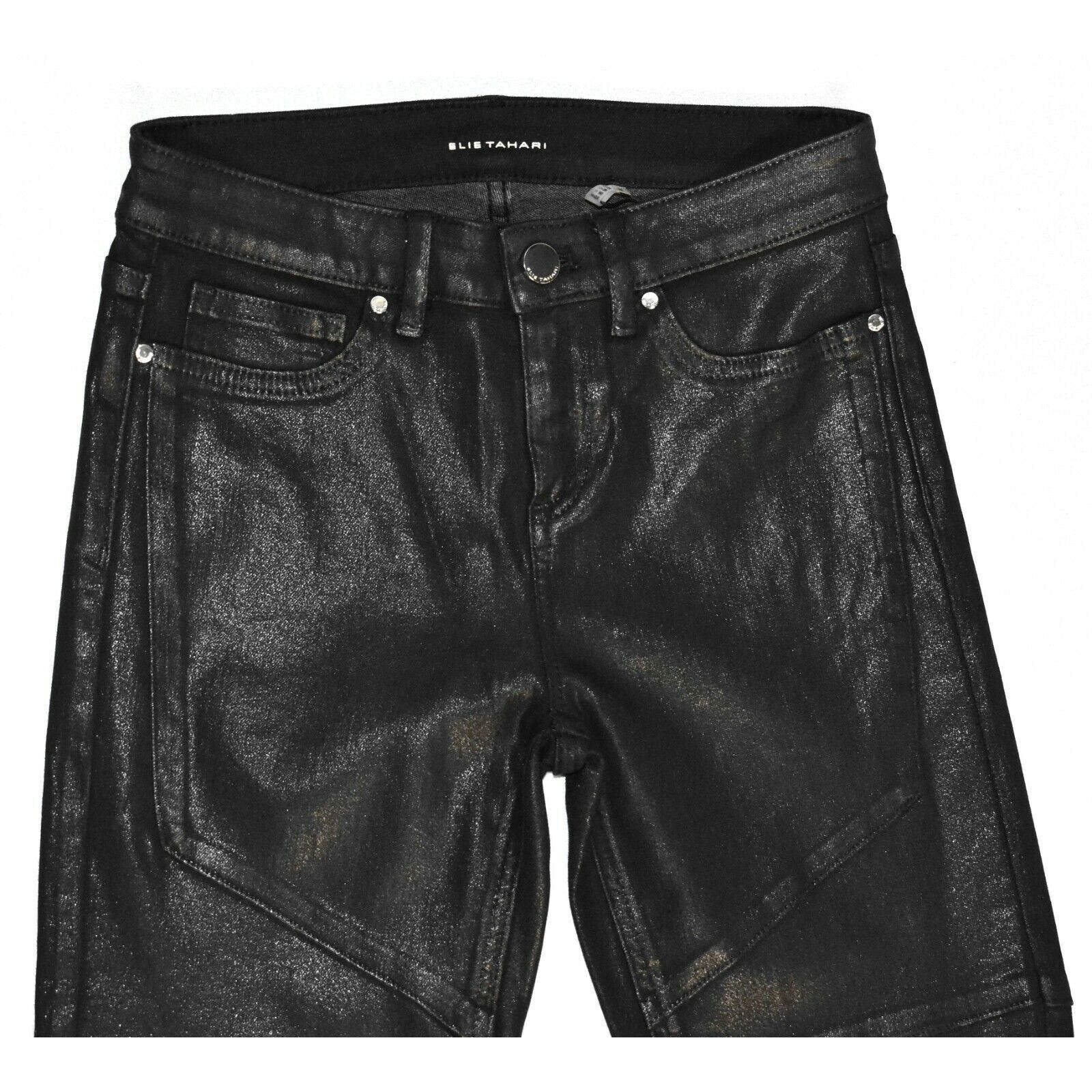 Elie Tahari B0 NWT ELIE TAHARI Black Coated Azella Moto Jeans Sz 24 $248 Size 24" / US 00 / IT 34 - 3 Thumbnail