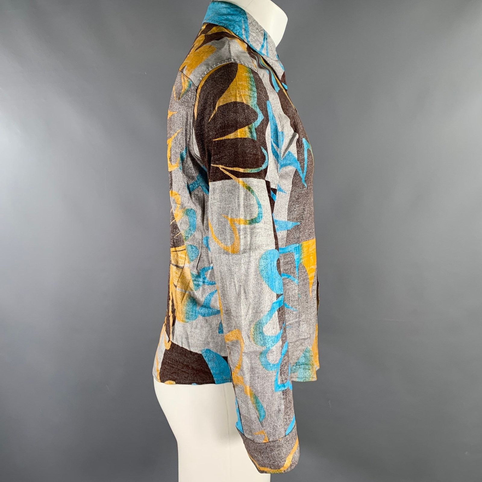 Custo Barcelona XS Brown Blue/Silver Abstract Floral L/S Shirt Size US XS / EU 42 / 0 - 3 Thumbnail