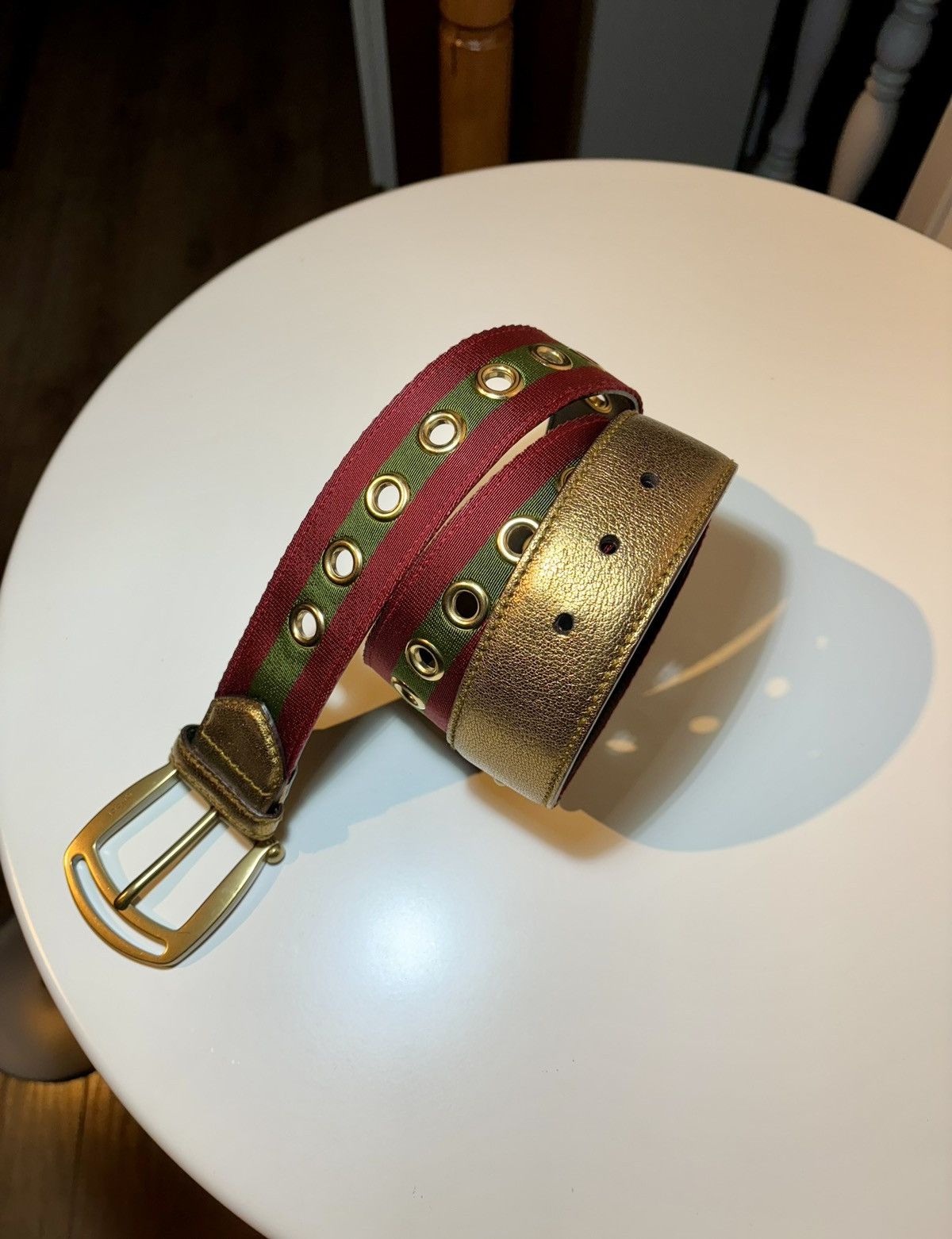 Gucci Rare Gucci Gold Leather and Canvas Web Grommet Buckle Size ONE SIZE - 8 Thumbnail