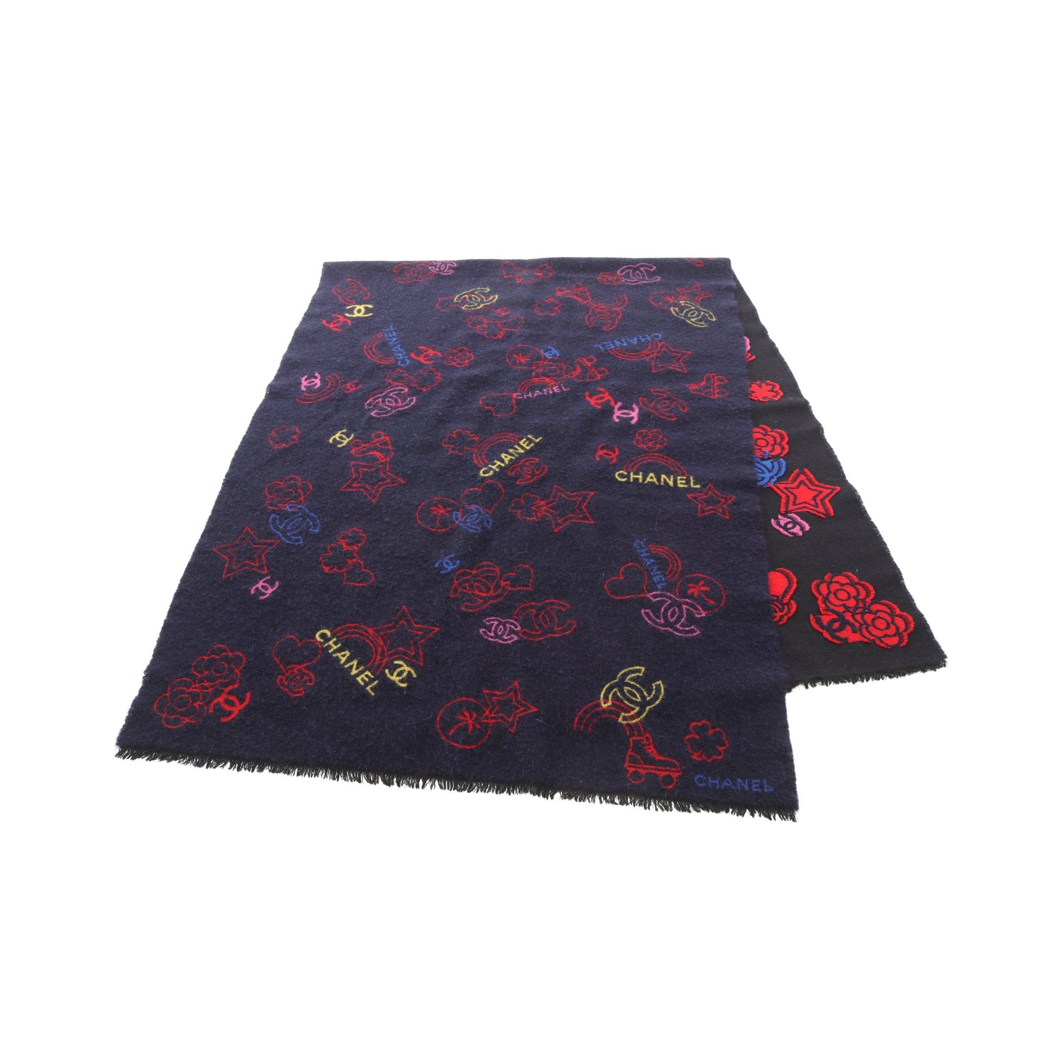 Chanel Chanel Coco Mark Camellia Stall Shawl Cashmere Wool Silk Dark Navy Multicolor Size ONE SIZE - 1 Thumbnail