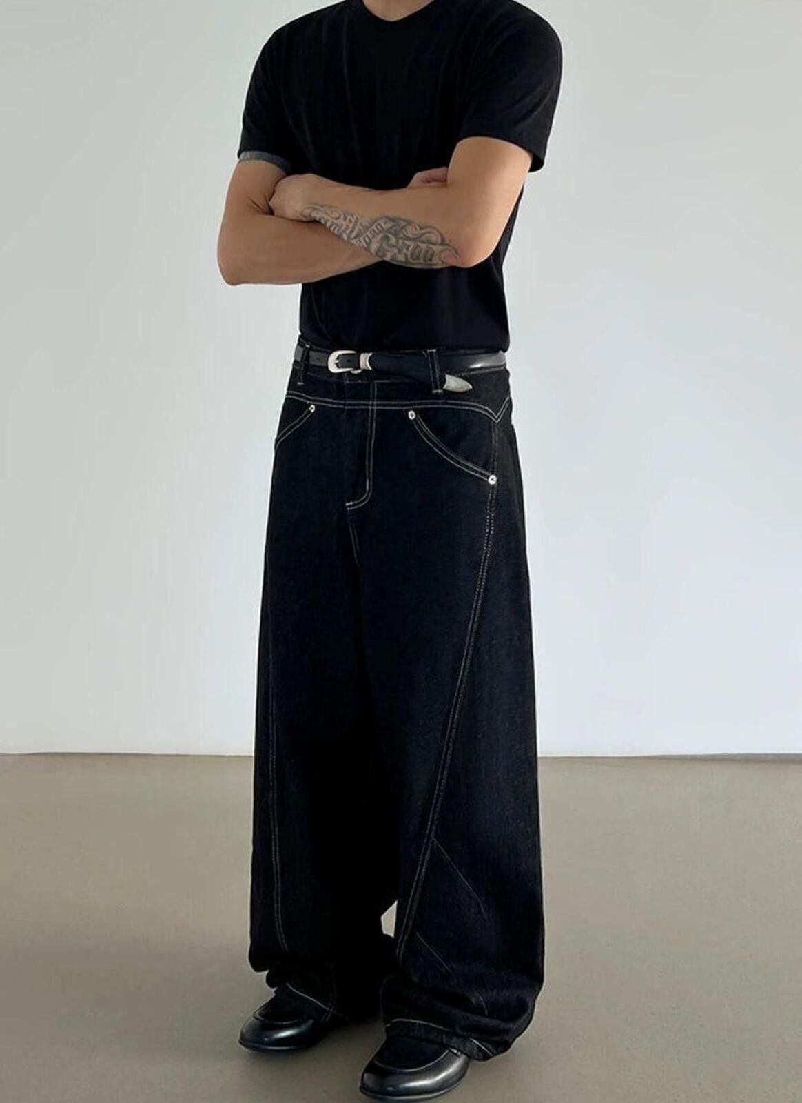 Jean Black Wide-Leg White Stich Detailing Jeans Size US 32 / EU 48 - 3 Thumbnail