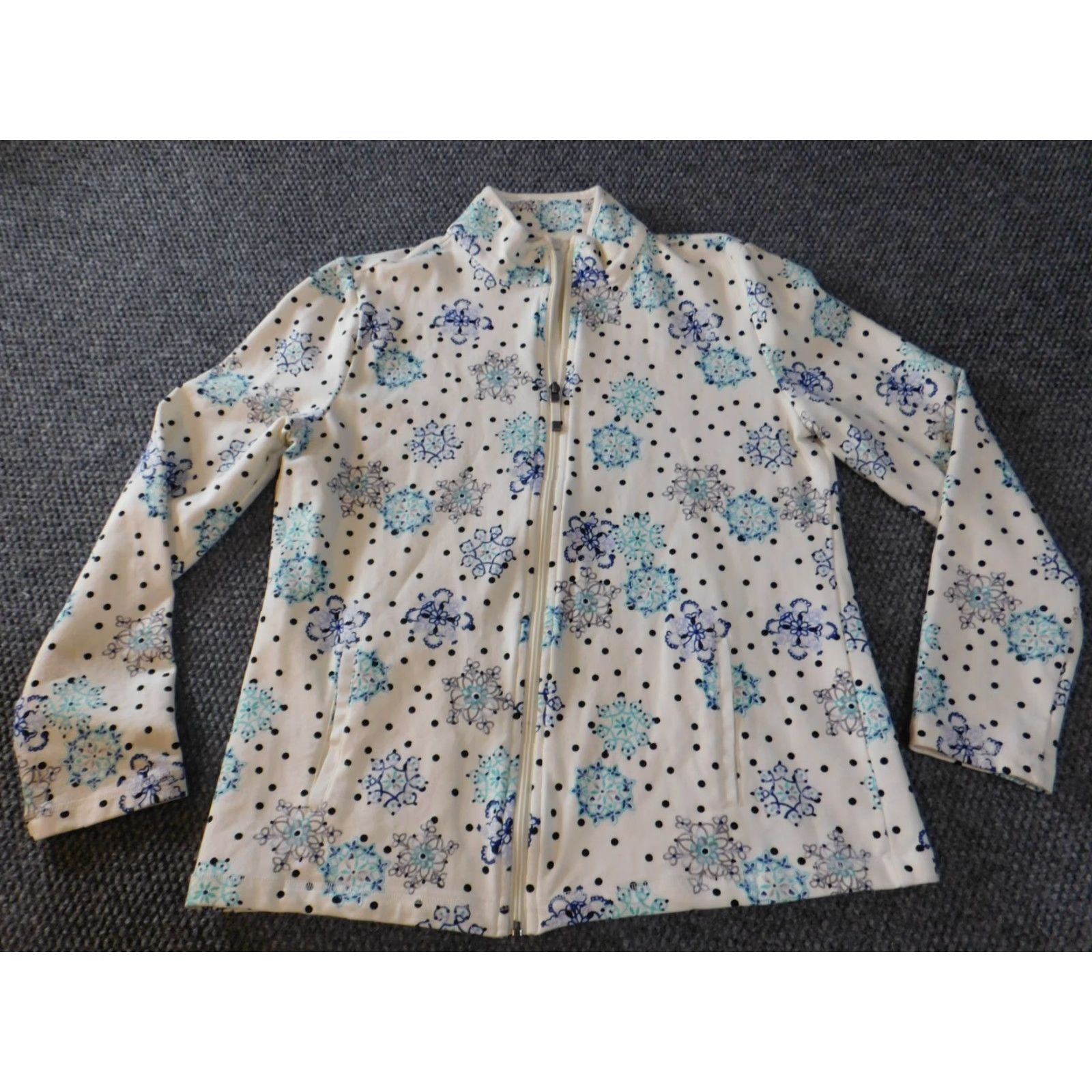 Talbots Talbots Jacket Womens Medium Blue Floral Zip Fleece Stretch Knit Mid-Length Long Sleeve Cotton Shell Embroidered Handcrafted? No Size L / US 10 / IT 46 - 5 Thumbnail