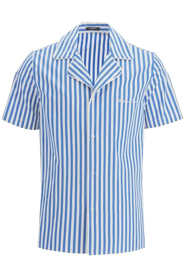 Balmain o1s1wg110925 Striped Cotton Camp Shirt in White/Blue Size US XL / EU 56 / 4 - 1 Thumbnail