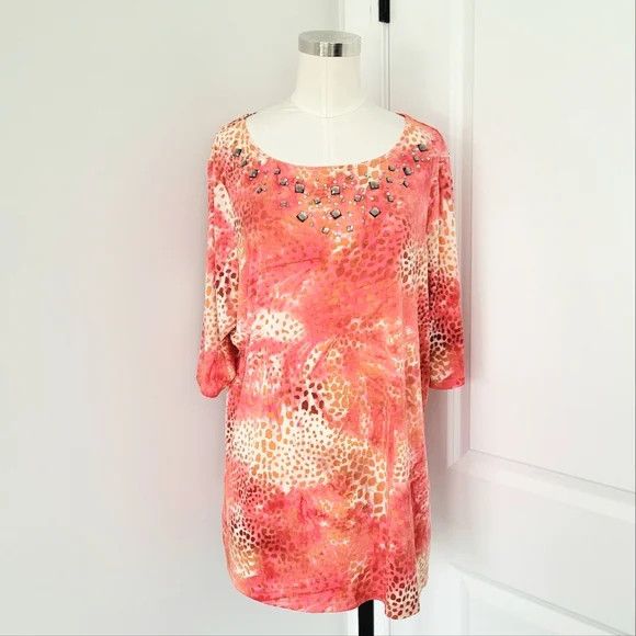 Vacation Susan Graver Coral Multi Embellished Leopard 3/4 Slv Top Size XL / US 12-14 / IT 48-50 - 2 Thumbnail