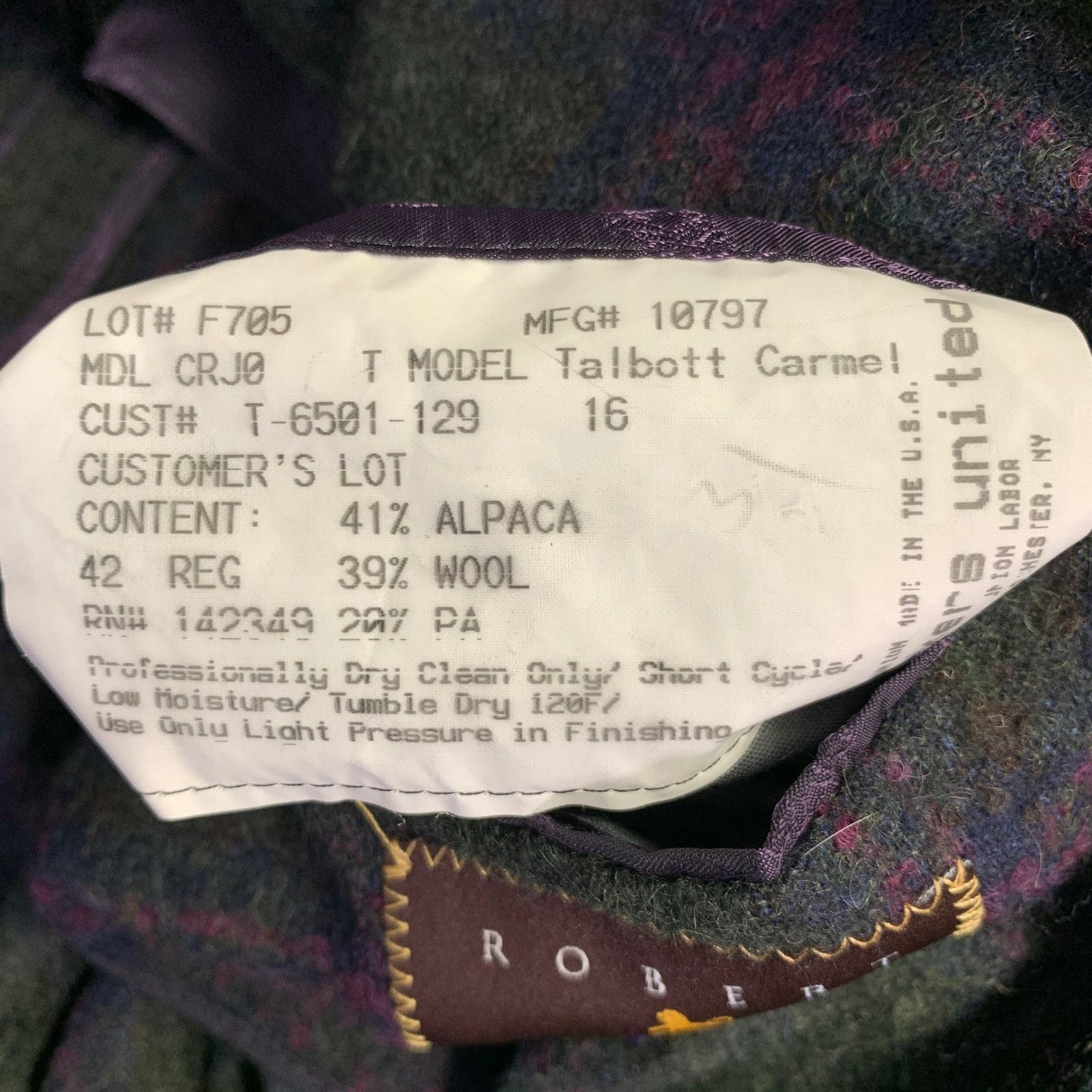 Robert Talbott 42 Regular Green Purple Plaid Alpaca Wool Sport Coat Size 42R - 8 Thumbnail