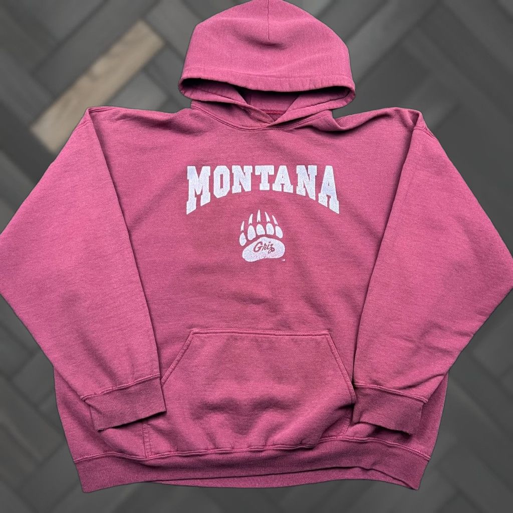 VTG Montana Griz University Hoodie Mens 2XL Maroon 50/50 Kangaroo Pocket Hoodie Graphic Print College Bear University 90s