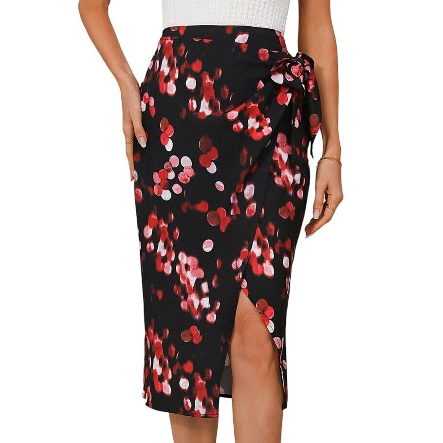 Shein Patterned Printed Knot Side Wrapped Skirt in Black, Size L Size 34" / US 12 / IT 48 - 1 Thumbnail