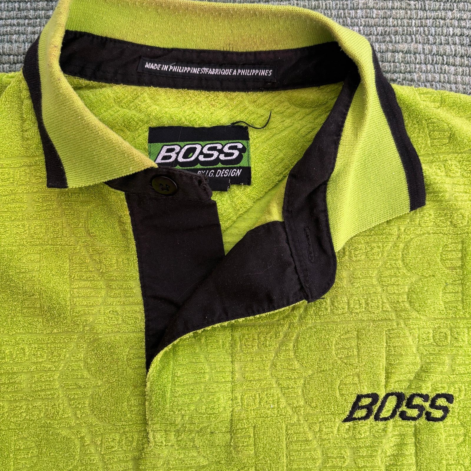 Vintage Y2K lime green BOSS terrycloth texture patterned baggy shirt Size US XL / EU 56 / 4 - 4 Thumbnail