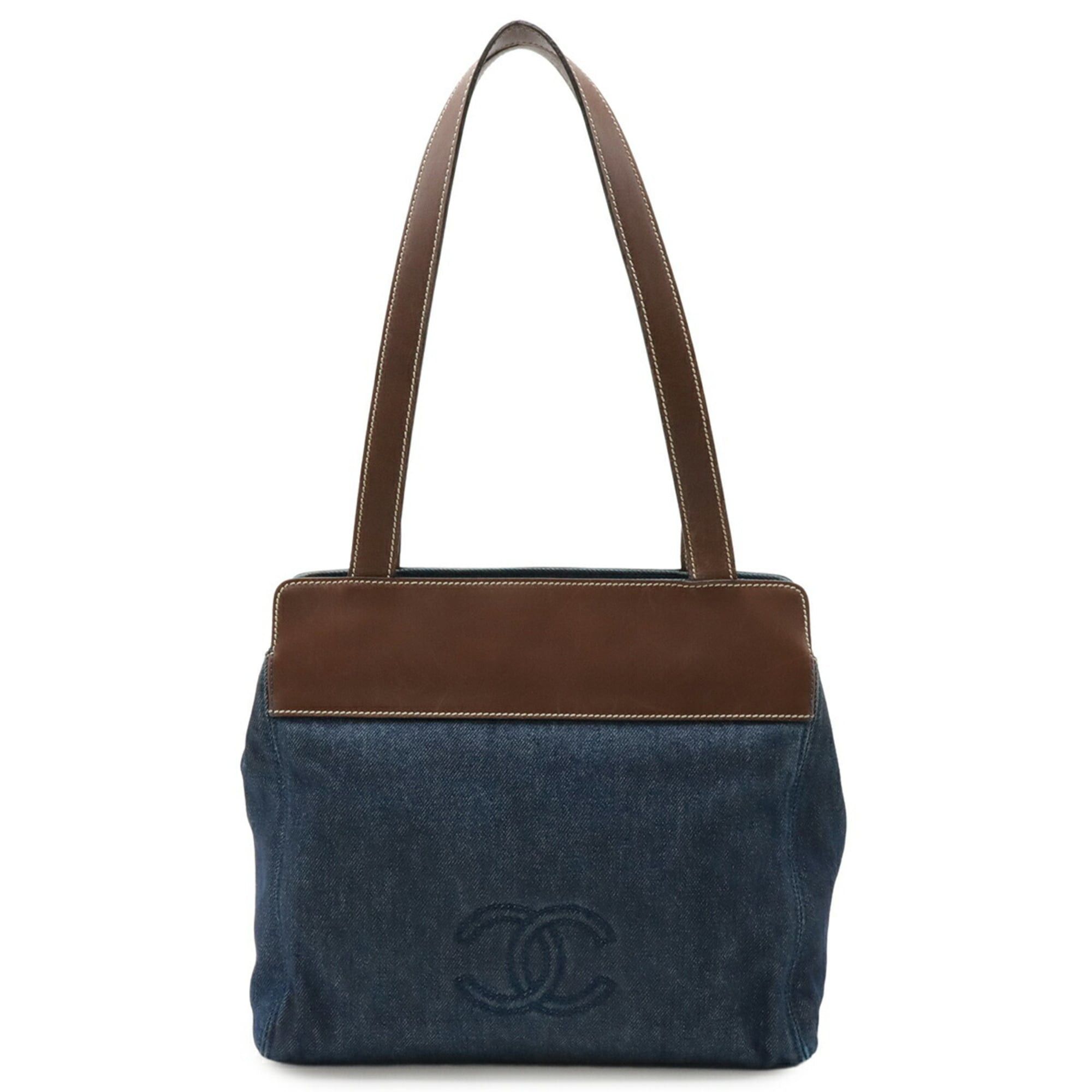 Chanel CHANEL Coco Mark Tote Bag Shoulder Denim Leather Blue Dark Brown Size ONE SIZE - 1 Thumbnail