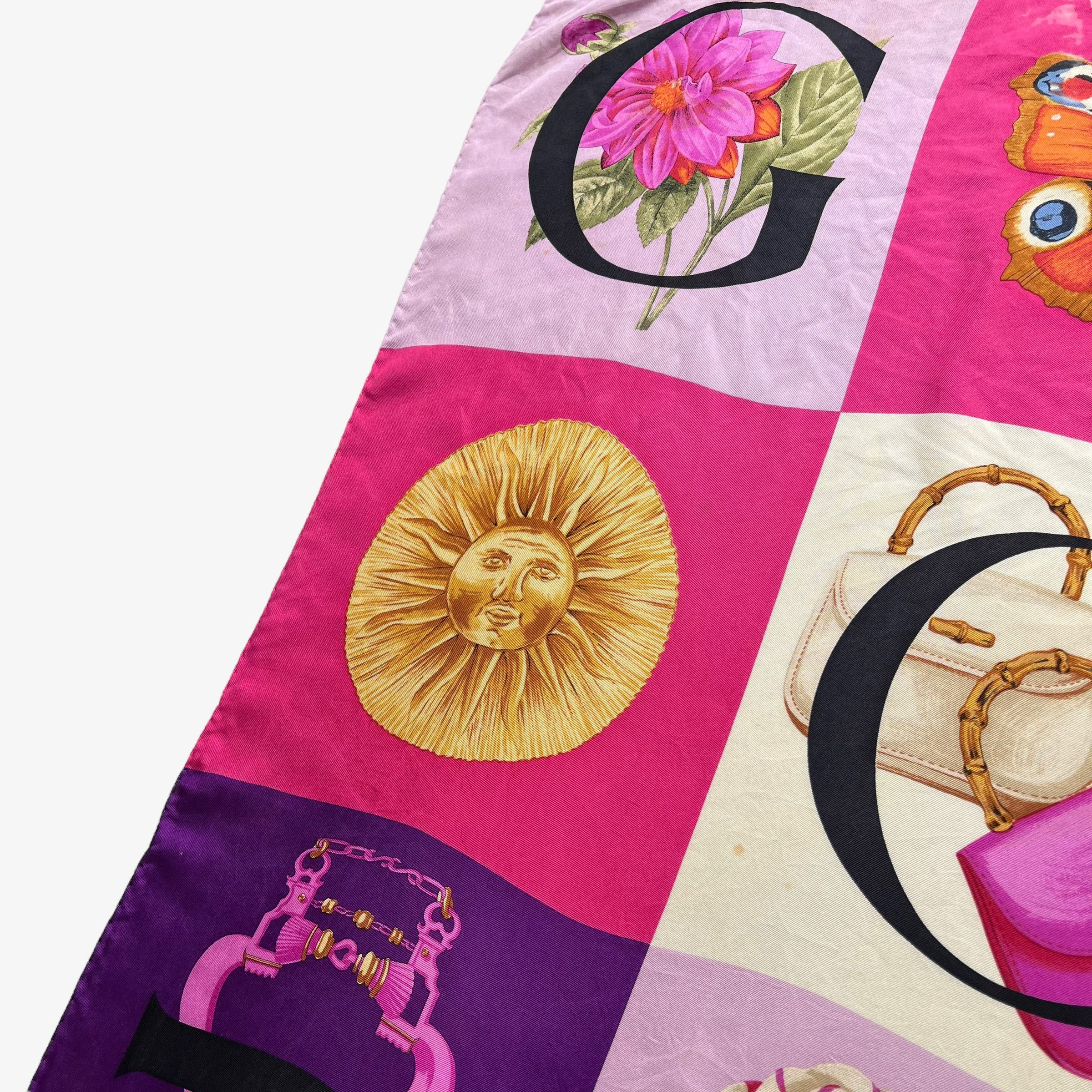 Gucci Vintage 90s Gucci Patchwork Spell Out Print Pink Silk Scarf Size ONE SIZE - 5 Thumbnail