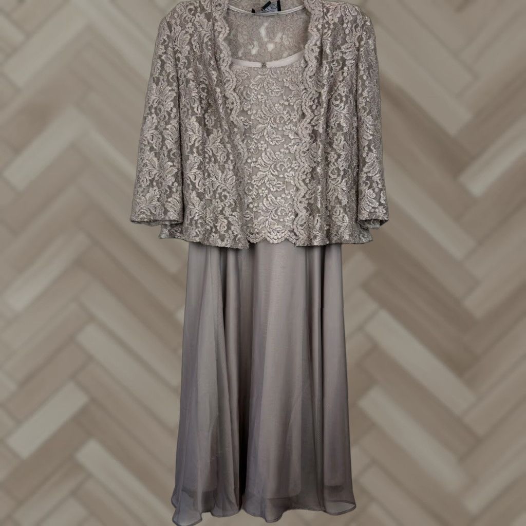 Alex Evenings Jacket Dress Womens 8 Petite Beige Lace Sparkle Event New Read