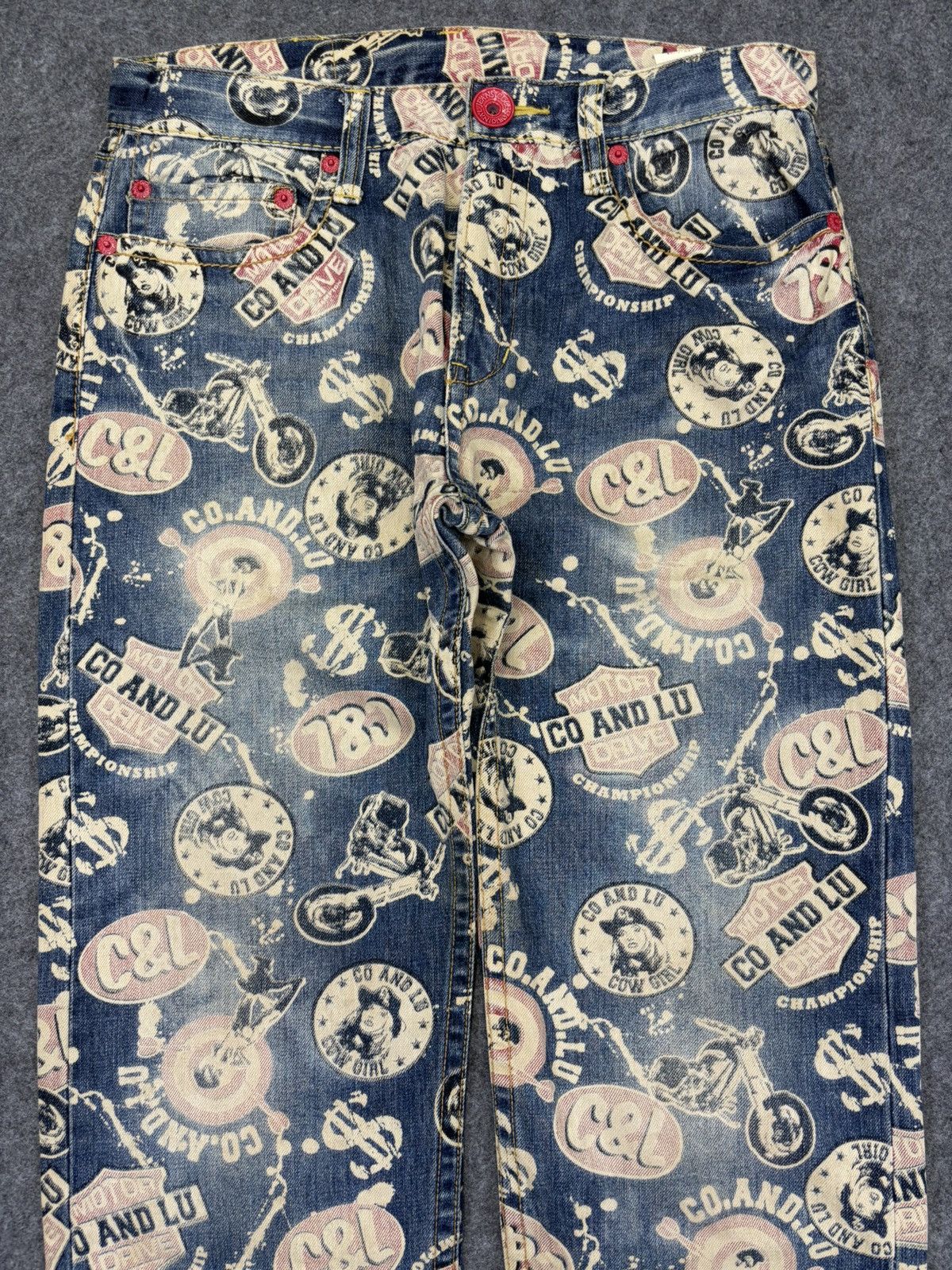 Japanese Brand 💥Hysteric Style💥Co&Lu Full Print Stone Wash Denim F695 Size US 33 - 3 Thumbnail