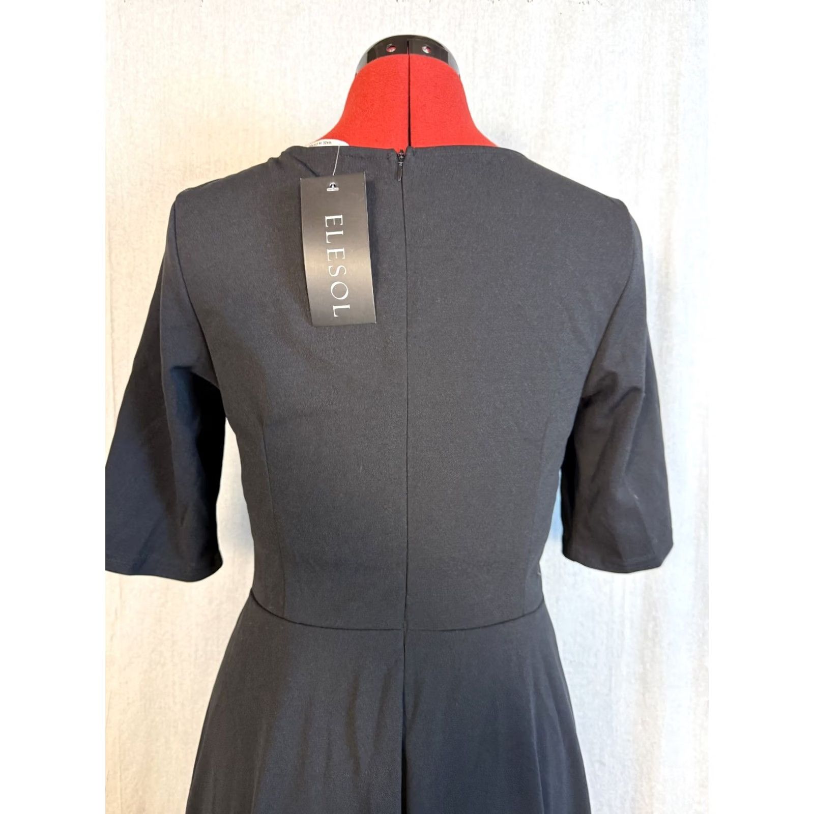 Black Halo ELESOL Women's Midi Dress Black Medium Half Sleeve Stretch Flare NWT F423 Size M / US 6-8 / IT 42-44 - 5 Thumbnail