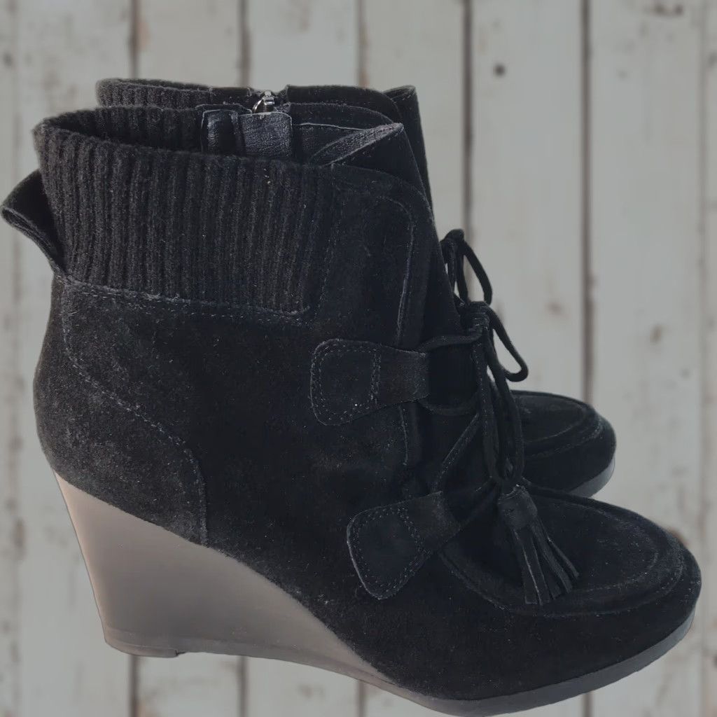 Franco Sarto Franco Sarto Bootie Women’s 9M Black Suede Ankle Wedge Zip Tassel Bohemian City Equestrian Womens Size US 9 / IT 39 - 1 Thumbnail