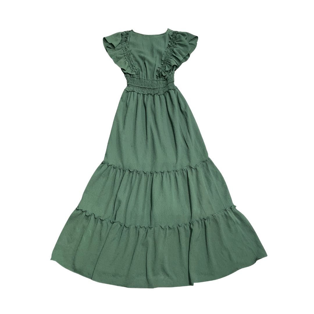 Max Studio London Green Crepe Flutter Sleeve Smoked Dress - ilac.rochib.com