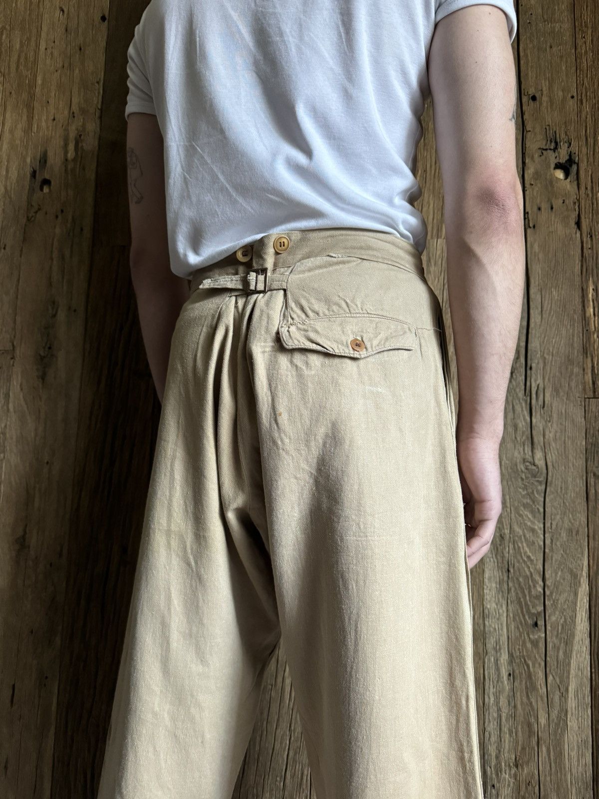 image of Antique 1920S European Buckle Back Suspender Cropped Pants in Beige, Men's (Size 30)