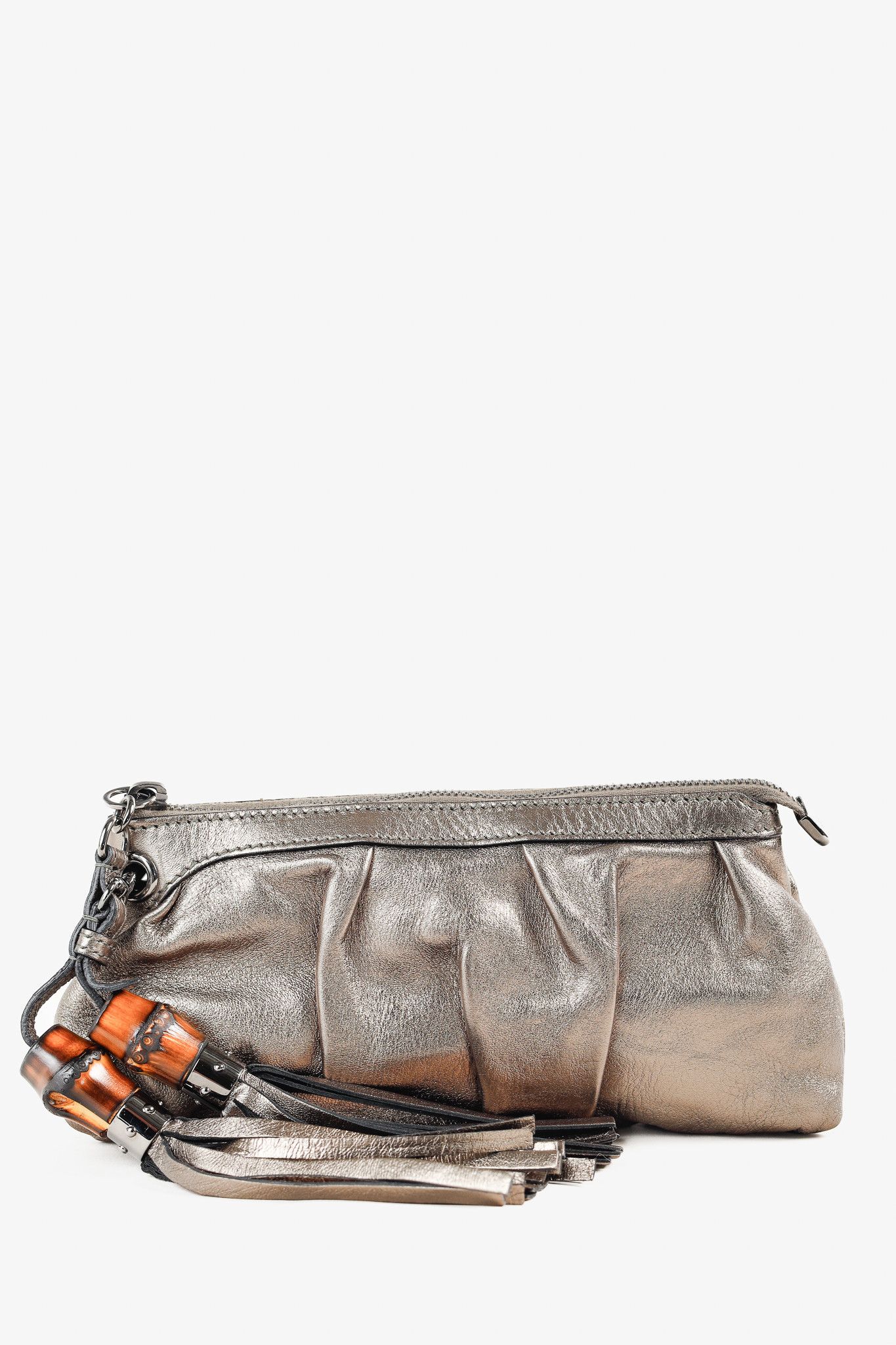 Gucci Bronze Metallic Bamboo Twin-Tassel Leather Clutch