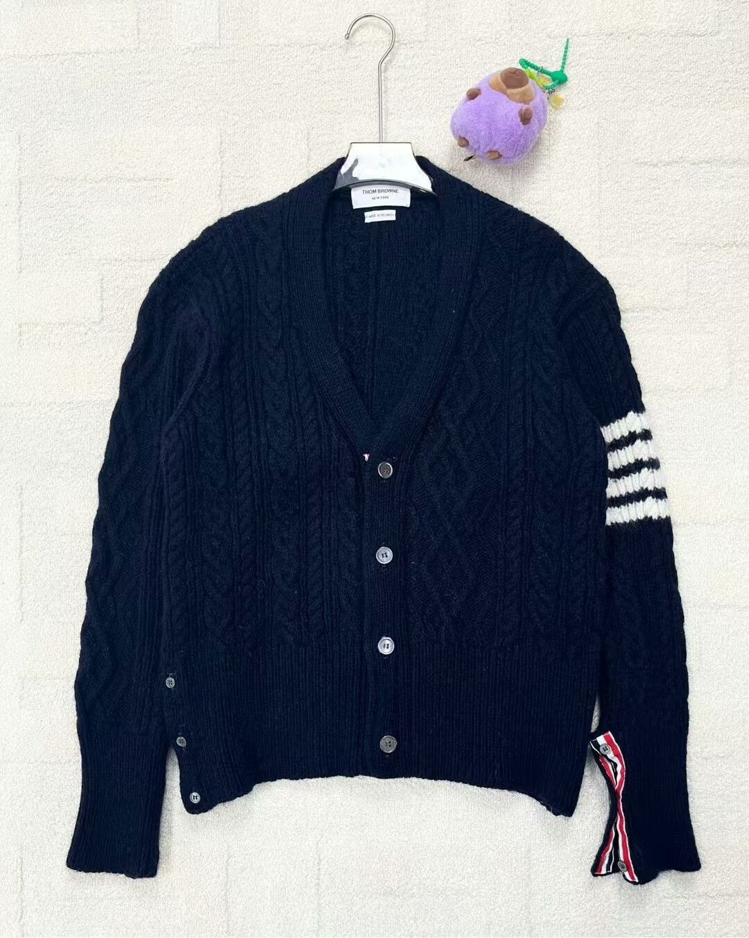 thom browne navy cable knit cardigan