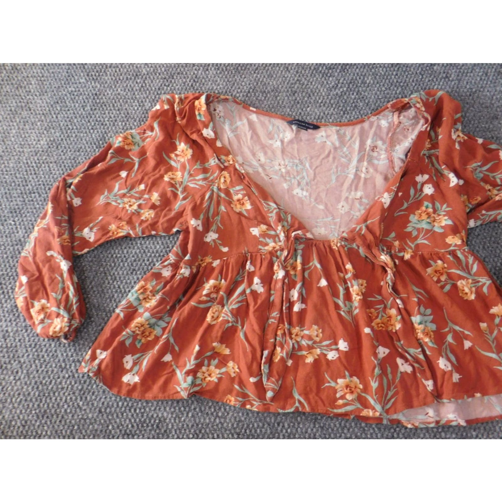 American Eagle Outfitters American Eagle Outfitters Blouse Womens XL Orange Floral Raglan Sleeve Long Sleeve Knit Viscose Basic Casual All Seasons Modern Size XL / US 12-14 / IT 48-50 - 3 Thumbnail