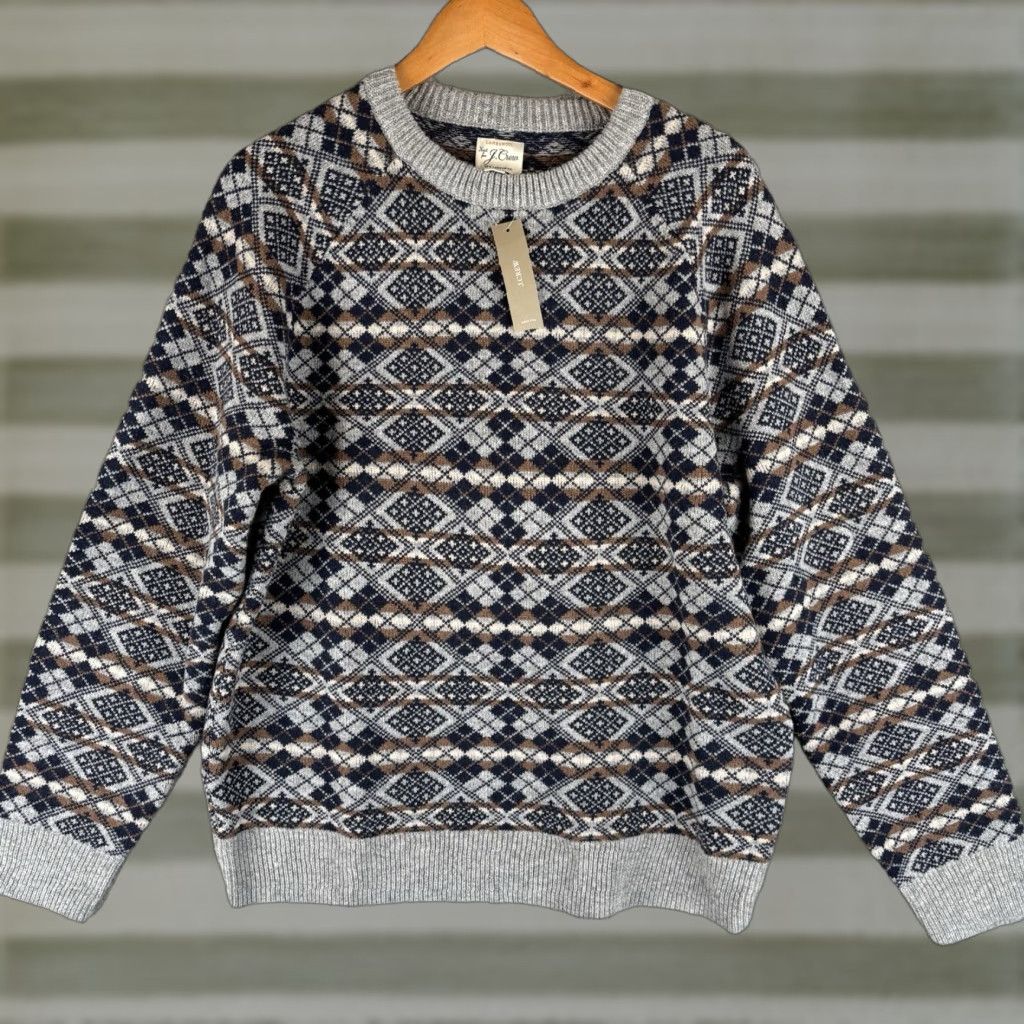 J.Crew J.CREW Sweater Mens Large 100% Lambswool Gray Navy Fair Isle Pullover Knit Crew Neck, Regular Fit, New w/Tags, Vintage: No, Wool/Cotton? Size US L / EU 52-54 / 3 - 1 Thumbnail