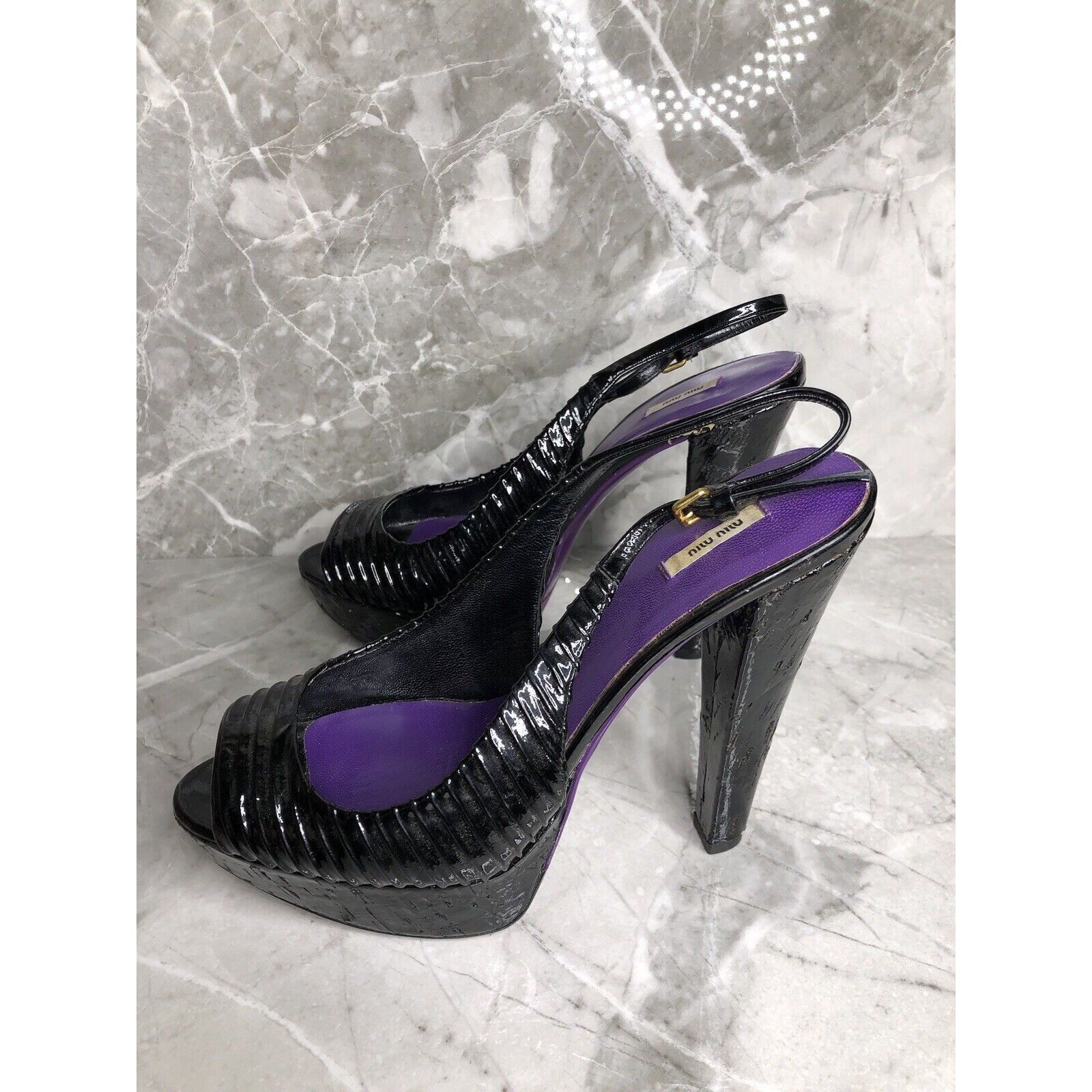 Miu Miu MIU MIU Black Patent Leather Peep Ankle Strap Platform Stile Size US 8 / IT 38 - 16 Thumbnail