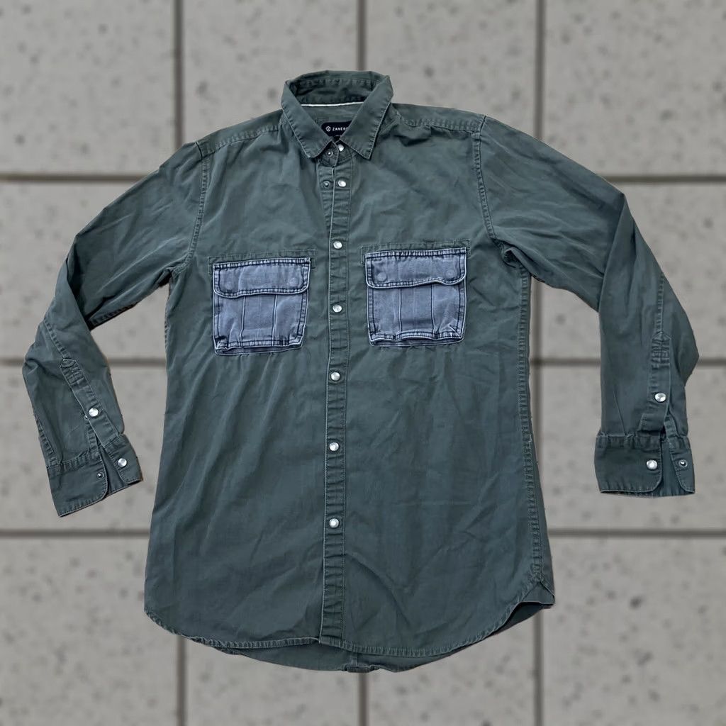 Zanerobe ZANEROBE Button-Up Shirt Men M Green Gray with Pockets, Metal Snap Button, Workwear Outfits Outdoors Size US M / EU 48-50 / 2 - 1 Thumbnail