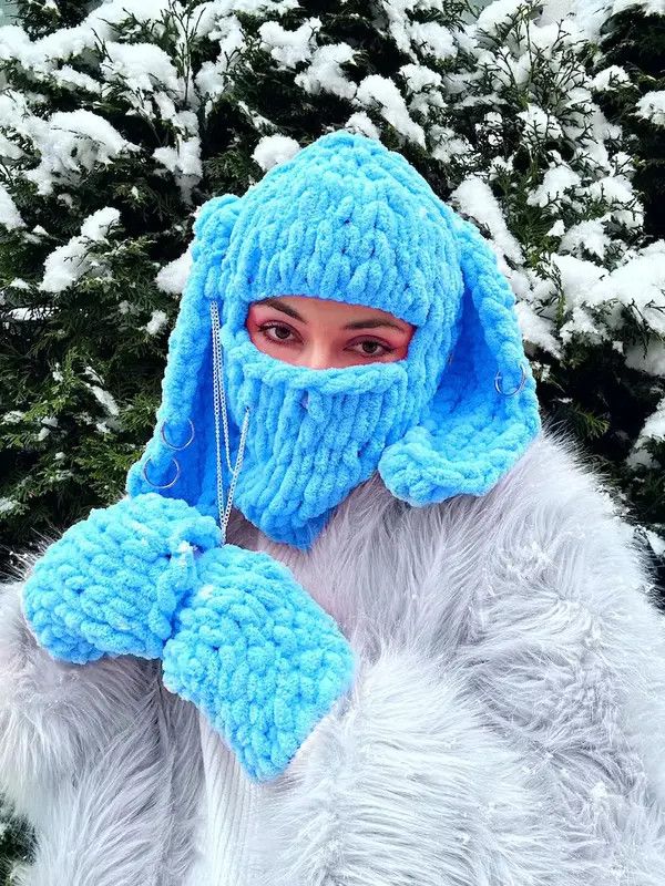 Japanese Brand Set bunny balaclava and gloves . Winter hat balaclava . Size ONE SIZE - 3 Thumbnail