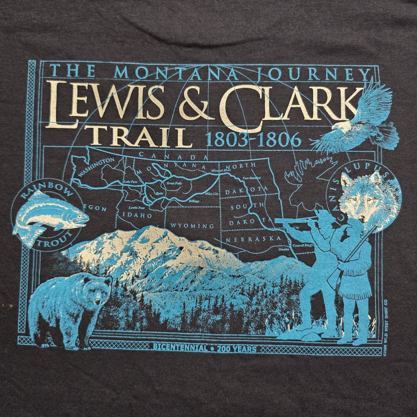 Jerzees Vintage Lewis & Clark Trail Shirt 2XL Blue Montana Map Tee Size US XXL / EU 58 / 5 - 2 Thumbnail
