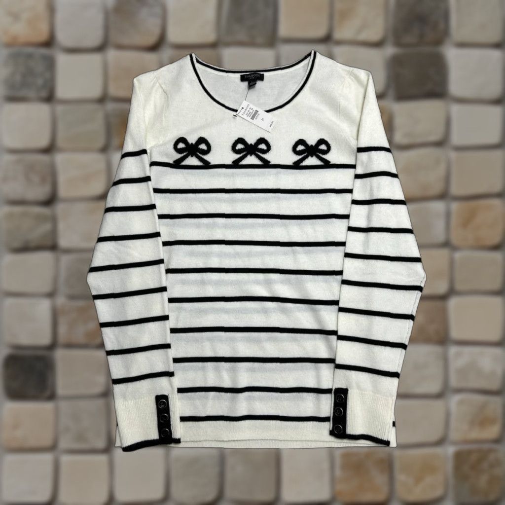 Talbots Talbots Sweater Womens Small Petite White Bows Stripe Puff Sleeve Crew Neck New Size XXS / US 00 / IT 34 - 1 Thumbnail