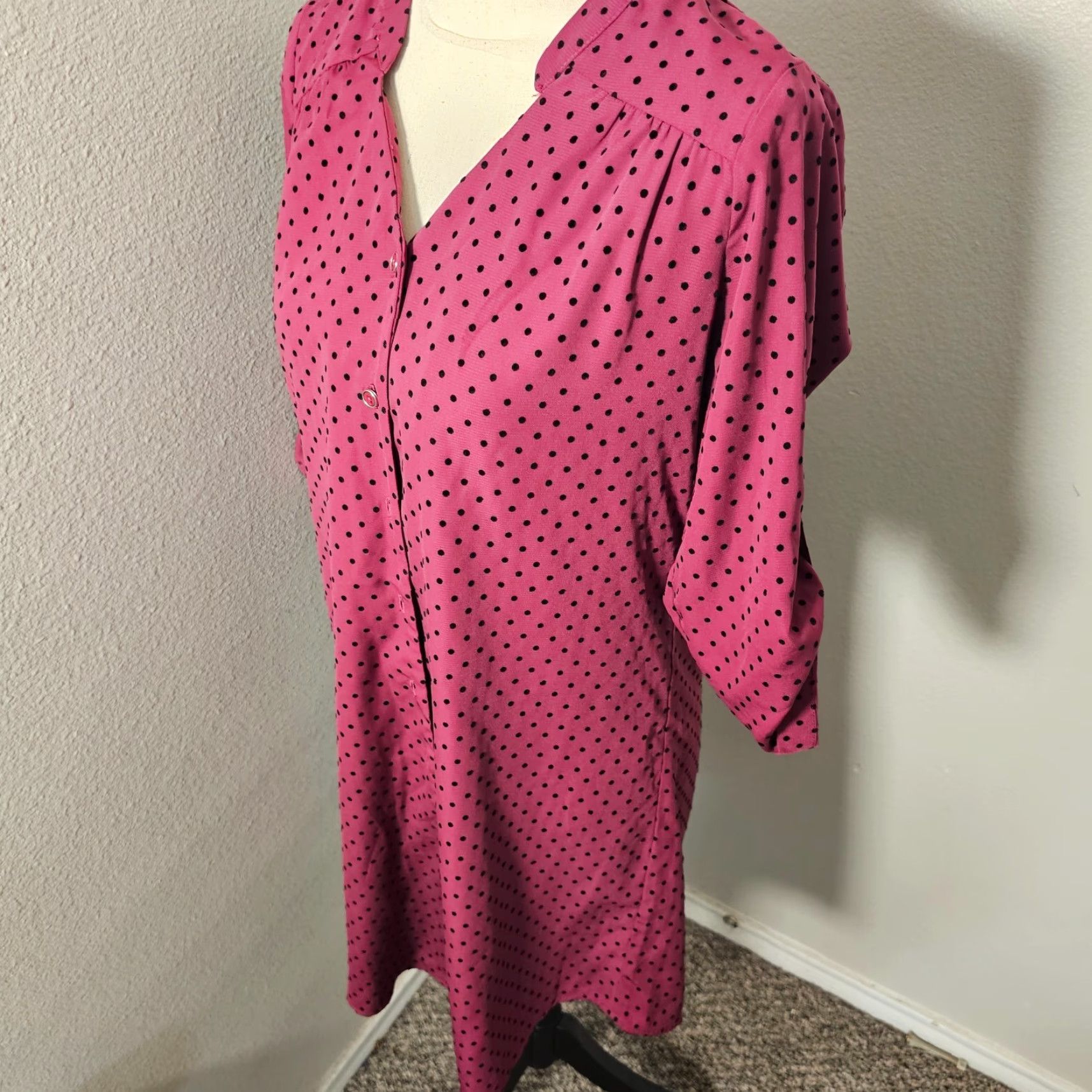 Vintage 41 Hawthorn Women Burgundy Polka Dot Above Knee Button Up Dress XS - 3/4 Sleeve, V-Neck, Belted, Short Dress, Regular, Fall Spring Summer, Women Size XS / US 0-2 / IT 36-38 - 2 Thumbnail