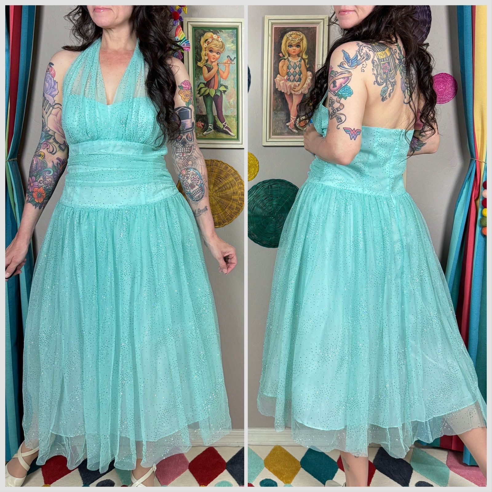 Vintage Vintage 1990s Aqua Tulle Halter Fit and Flare Prom Dress Size M / US 6-8 / IT 42-44 - 3 Thumbnail