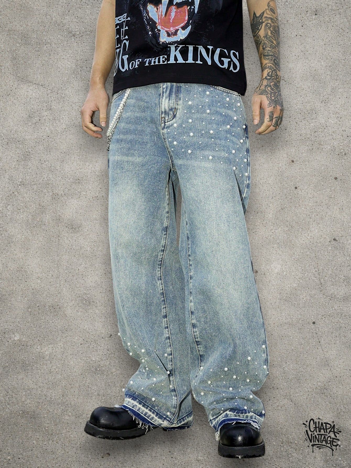 Japanese Brand Baggy washed rhinestone jeans Size US 32 / EU 48 - 1 Thumbnail