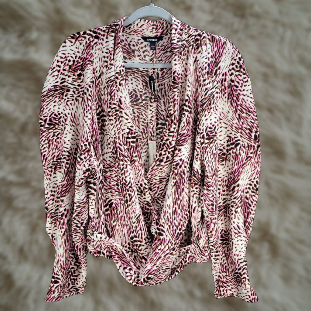 Express Express Blouse Shirt Puff Sleeve Cross Front XL White Pink Brown Abstract Women's Shirt Size XL / US 12-14 / IT 48-50 - 1 Thumbnail