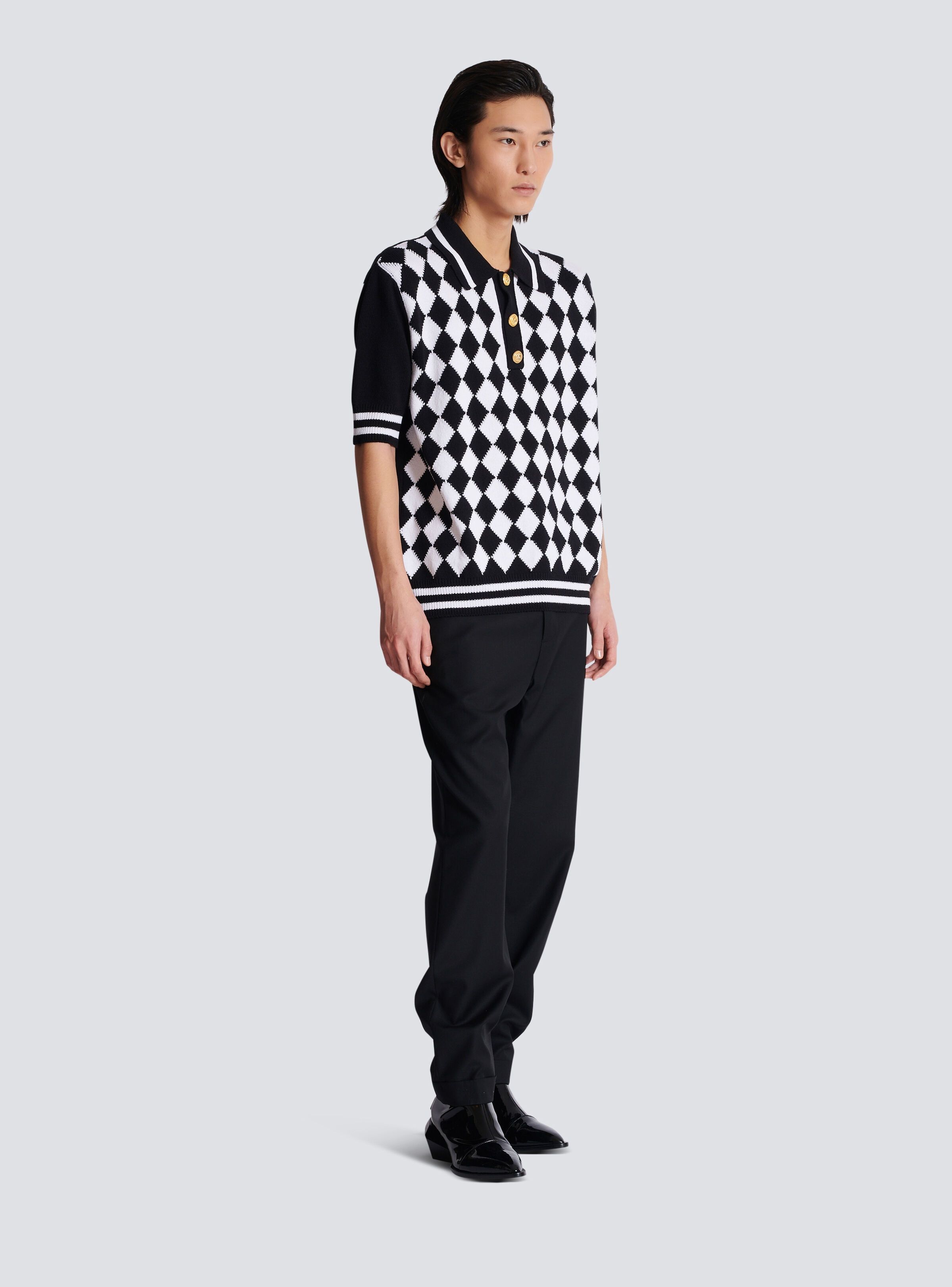 Balmain o1s1wg110925 Knitted Diamond Polo Shirt in Black/White Size US XL / EU 56 / 4 - 5 Thumbnail
