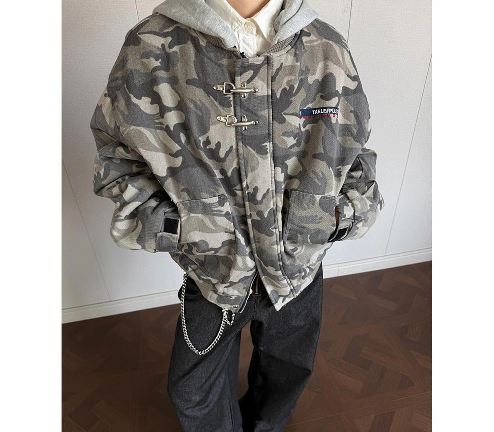 Gray Camouflage Toggle Closure Jacket Casual Outerwear