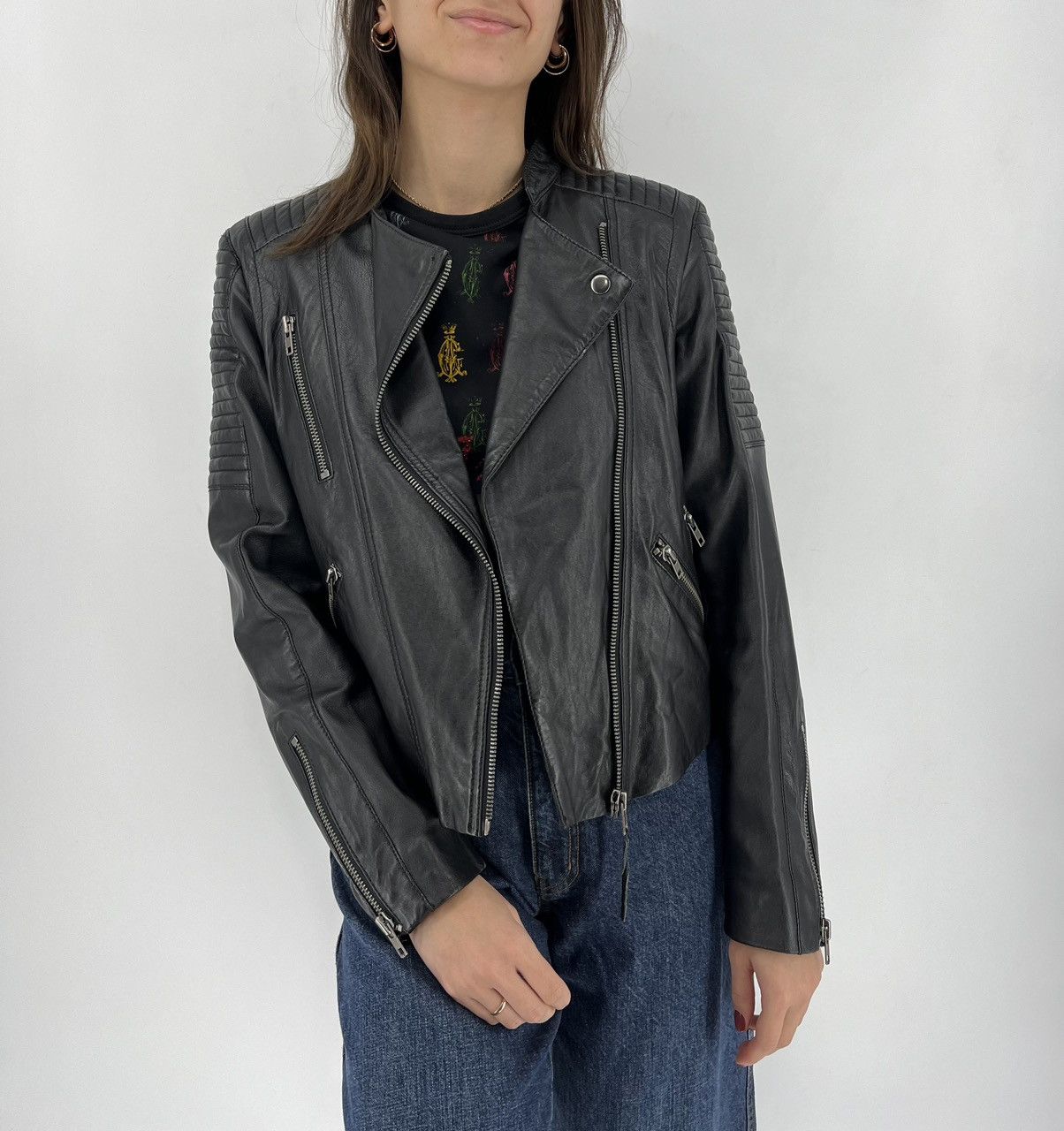 Leather × Mango Mango Black Leather Biker Jacket Racing Moto HONDA BMW Size S / US 4 / IT 40 - 2 Thumbnail