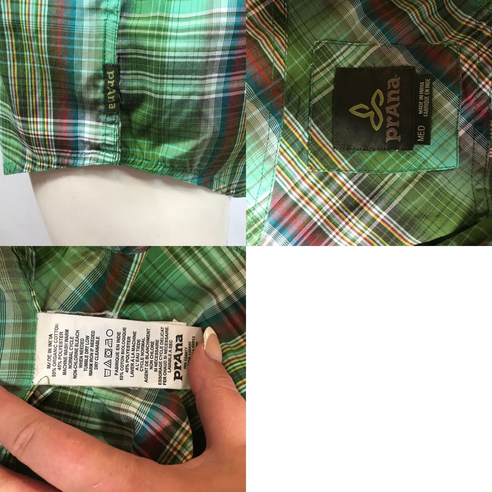 Prana prAna MEN'S M GREEN PLAID SHORT SLEEVE COLLARED BUTTON ORGANIC COTTON Shirt Size US 31 - 8 Thumbnail